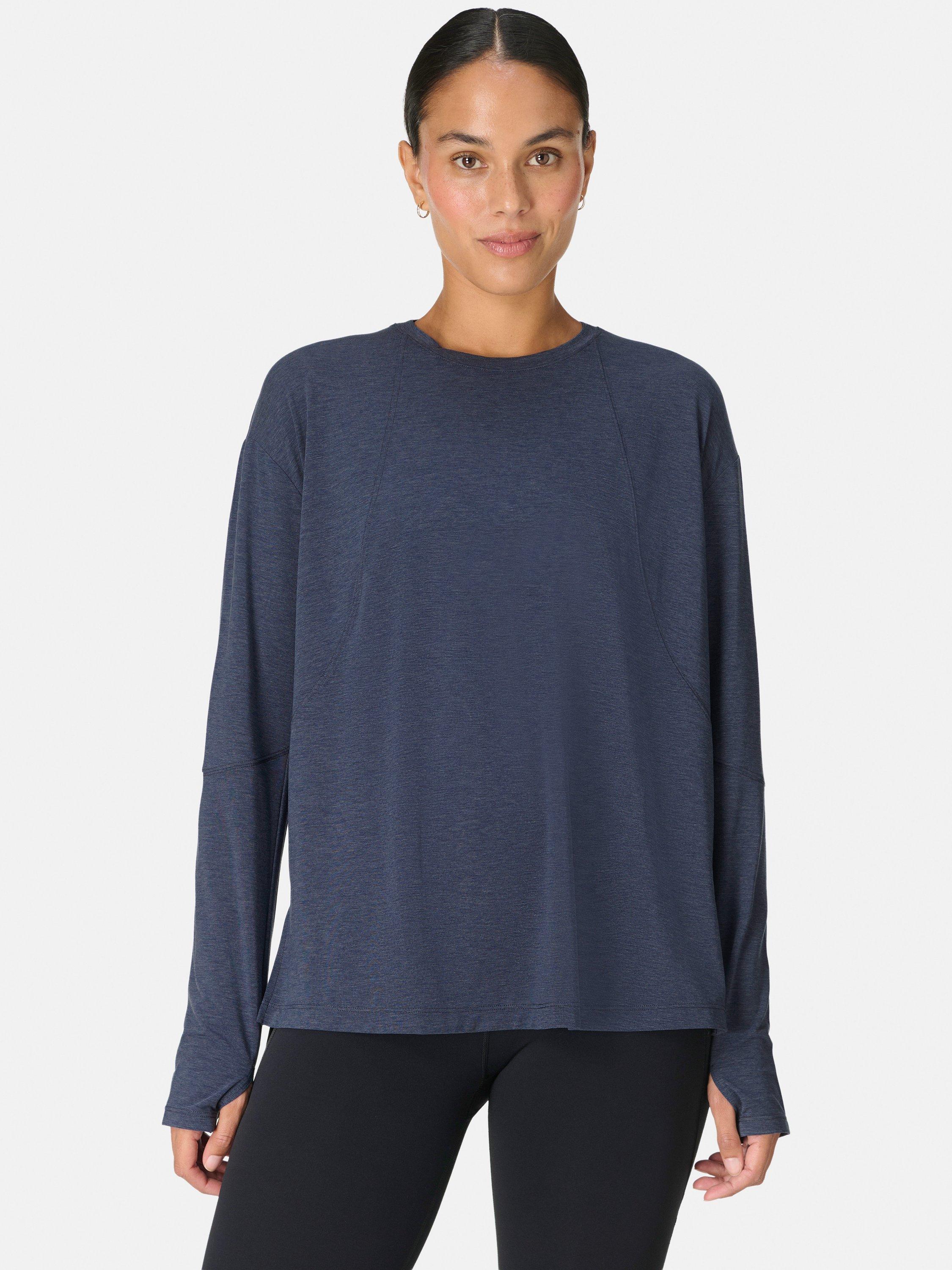 Product image 1 of 7, which shows Sweaty Betty Soft Flow Studio Longline Long Sleeve Top, Navy Blue, XXS
