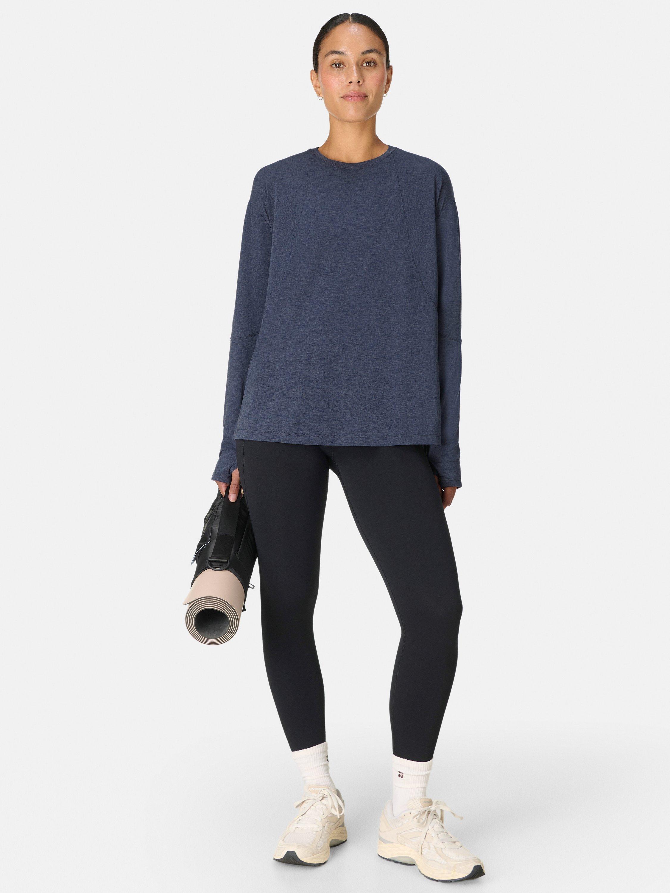 Product image 3 of 7, which shows Sweaty Betty Soft Flow Studio Longline Long Sleeve Top, Navy Blue, XXS