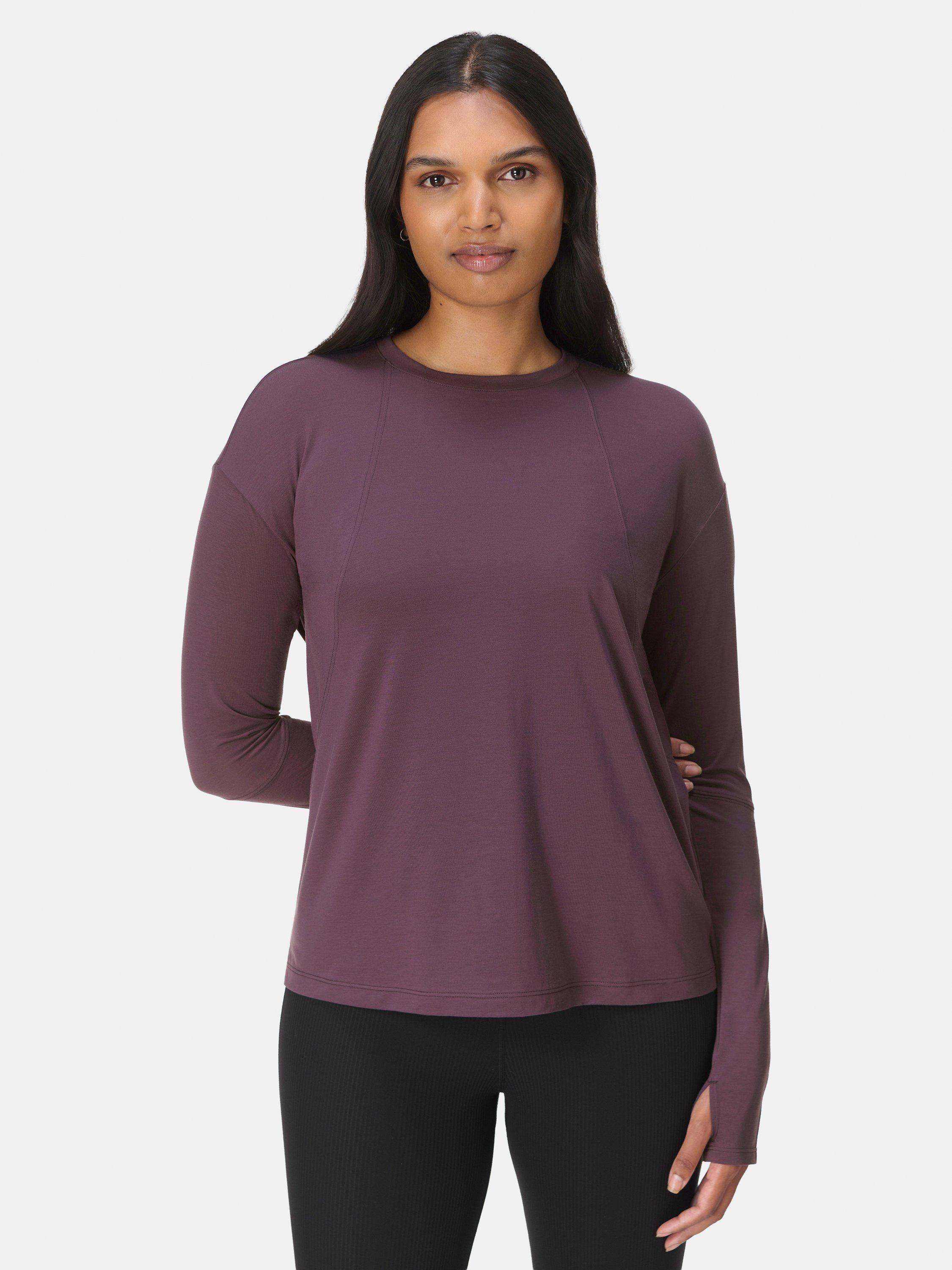 Product image 1 of 11, which shows Sweaty Betty Soft Flow Studio Long Sleeve Top, Neptune Purple, S