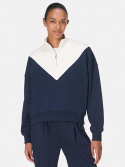 Sweaty Betty Revive Crop 1/2 Zip Sweatshirt, Navy Blue/Lily White, Navy Blue/Lily White