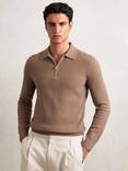 Reiss Hamilton Wool Waffle Knit Half Zip Polo Shirt, Camel Brown