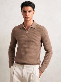 Reiss Hamilton Wool Waffle Knit Half Zip Polo Shirt, Camel Brown, Camel Brown