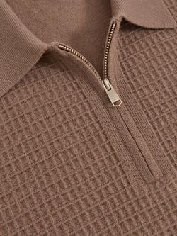 Reiss Hamilton Wool Waffle Knit Half Zip Polo Shirt, Camel Brown - view 2, Camel Brown
