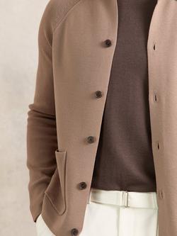 Reiss Fitzgerald Button Through Rib Knit Sleeve Shirt - view 2, Camel Brown