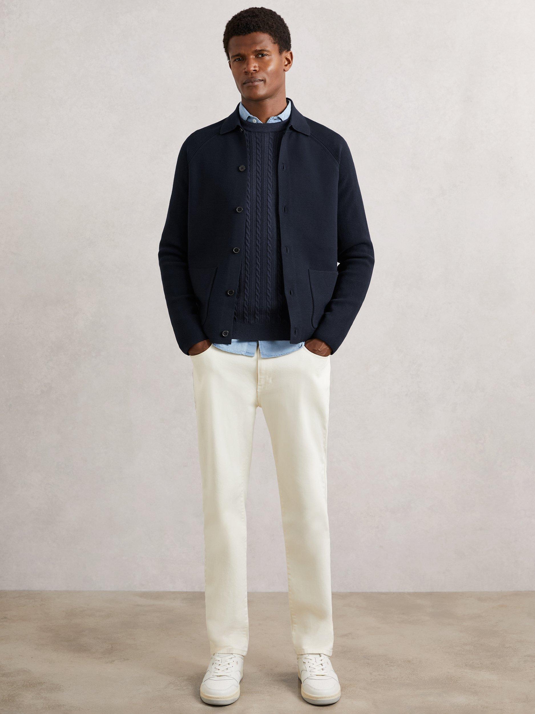 Product image 2 of 5, which shows Reiss Fitzgerald Button Through Rib Knit Sleeve Shirt, Navy Blue, M