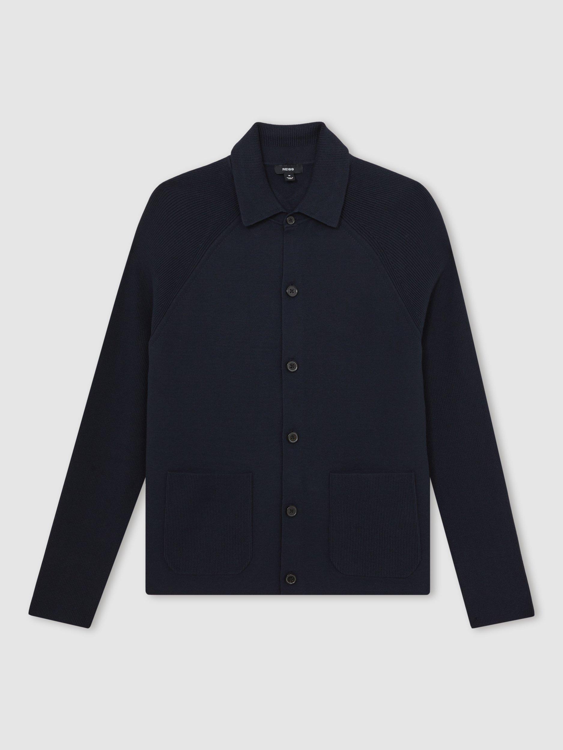 Product image 3 of 5, which shows Reiss Fitzgerald Button Through Rib Knit Sleeve Shirt, Navy Blue, M
