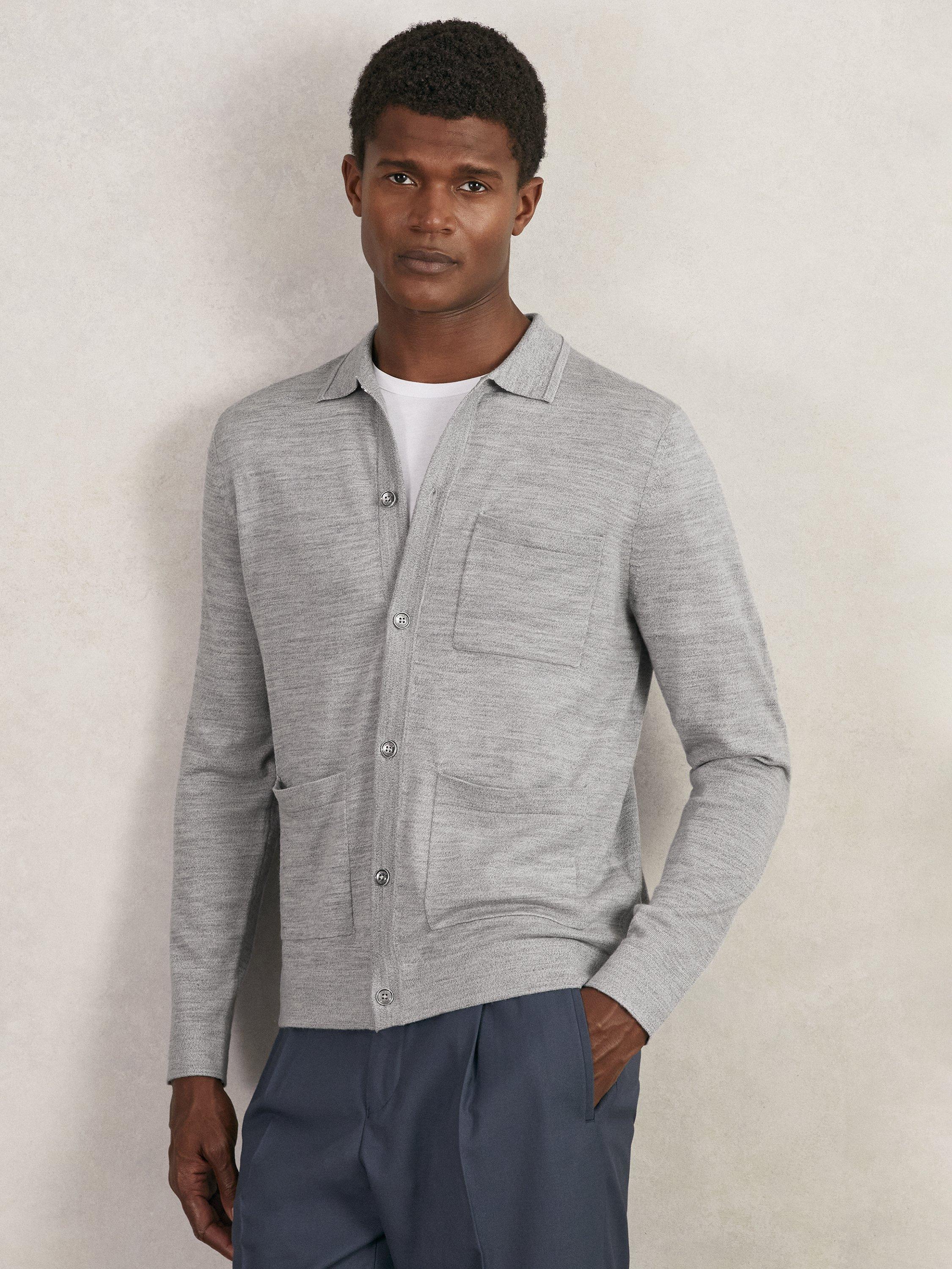 Product image 1 of 5, which shows Reiss Munich Merino Wool Button Through Shirt, Soft Grey Mouline, XS
