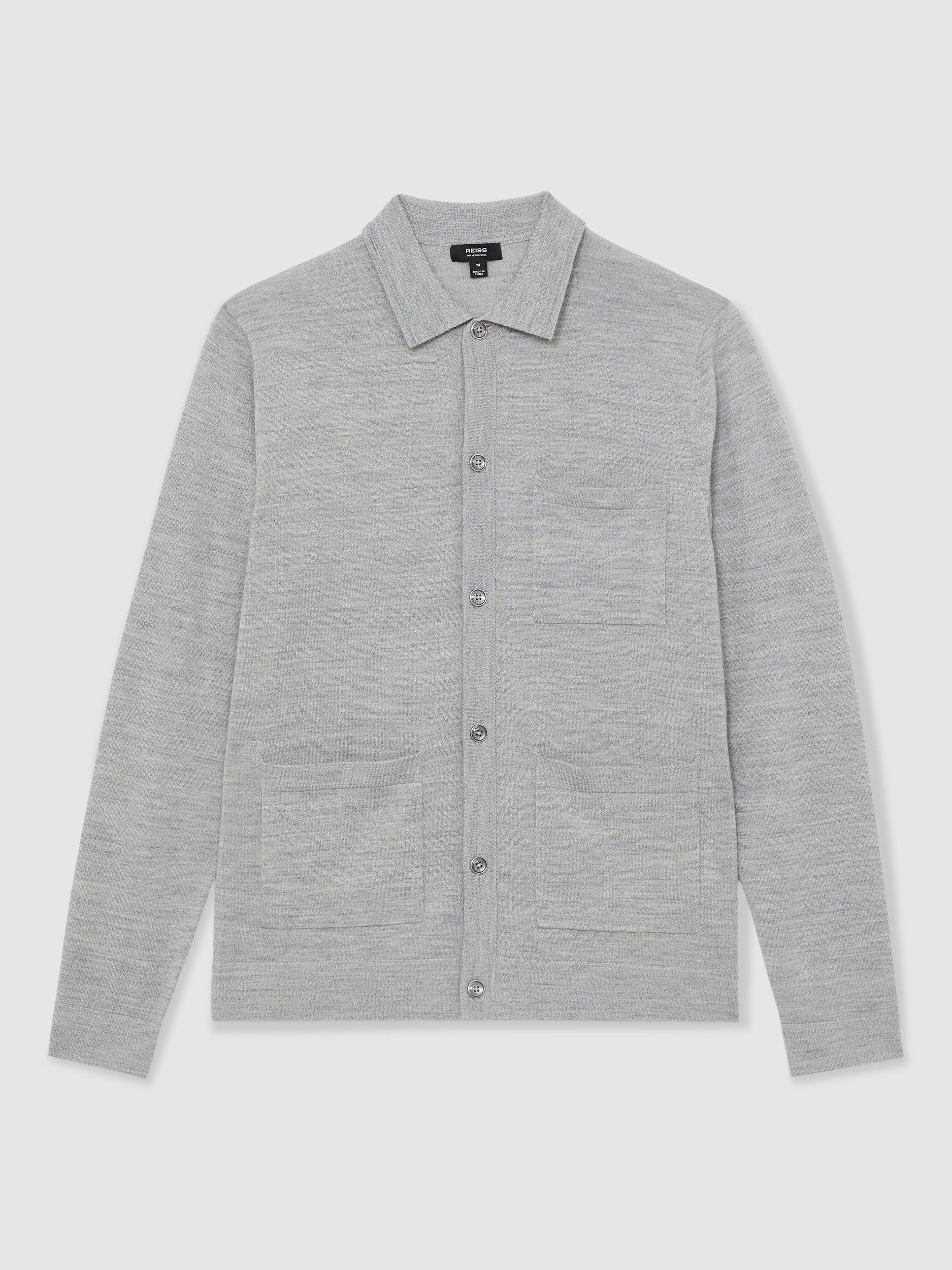 Product image 3 of 5, which shows Reiss Munich Merino Wool Button Through Shirt, Soft Grey Mouline, XS