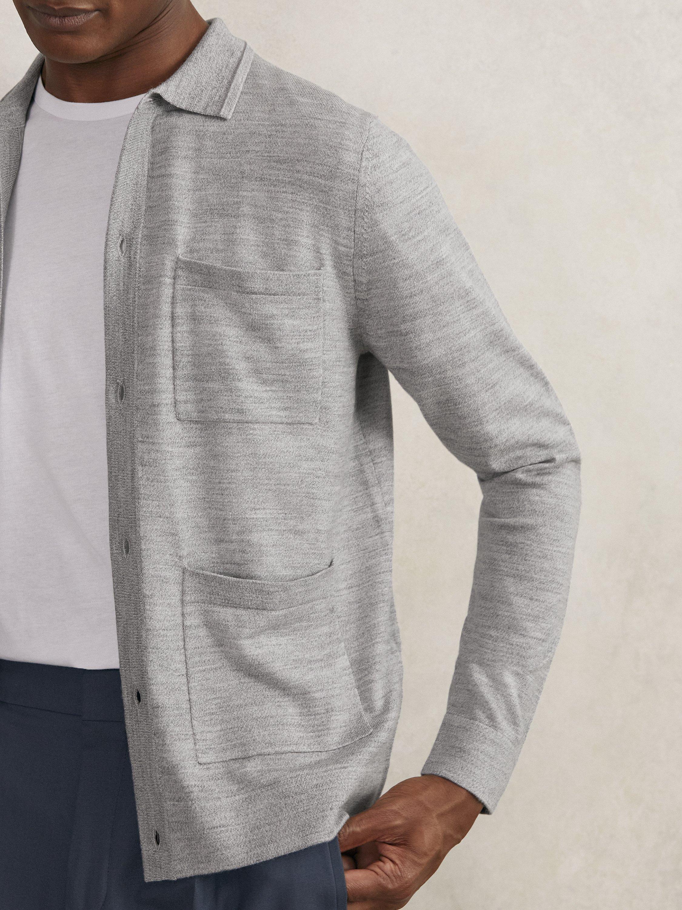 Product image 4 of 5, which shows Reiss Munich Merino Wool Button Through Shirt, Soft Grey Mouline, XS