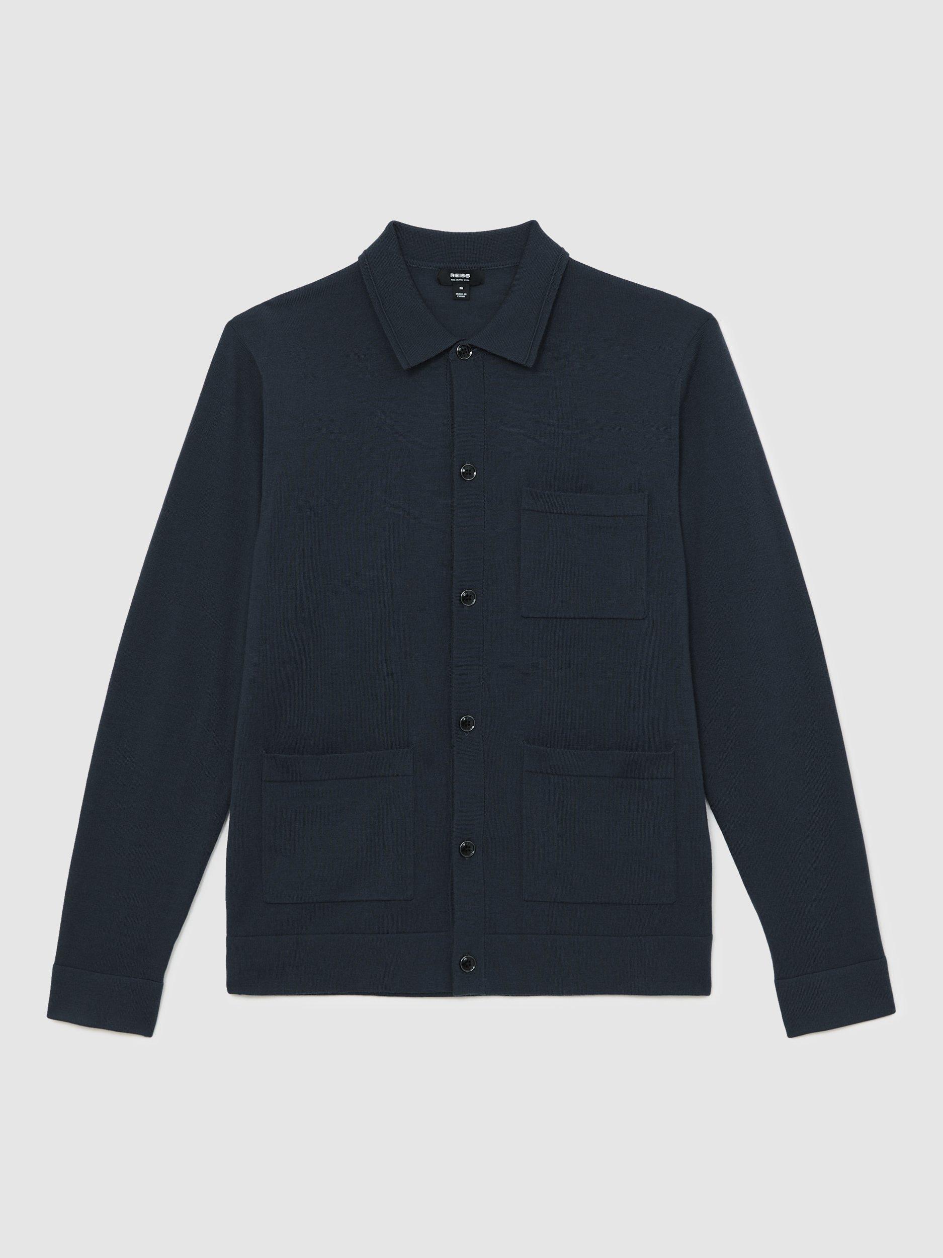 Product image 4 of 6, which shows Reiss Munich Merino Wool Button Through Shirt, Midnight Navy, XS