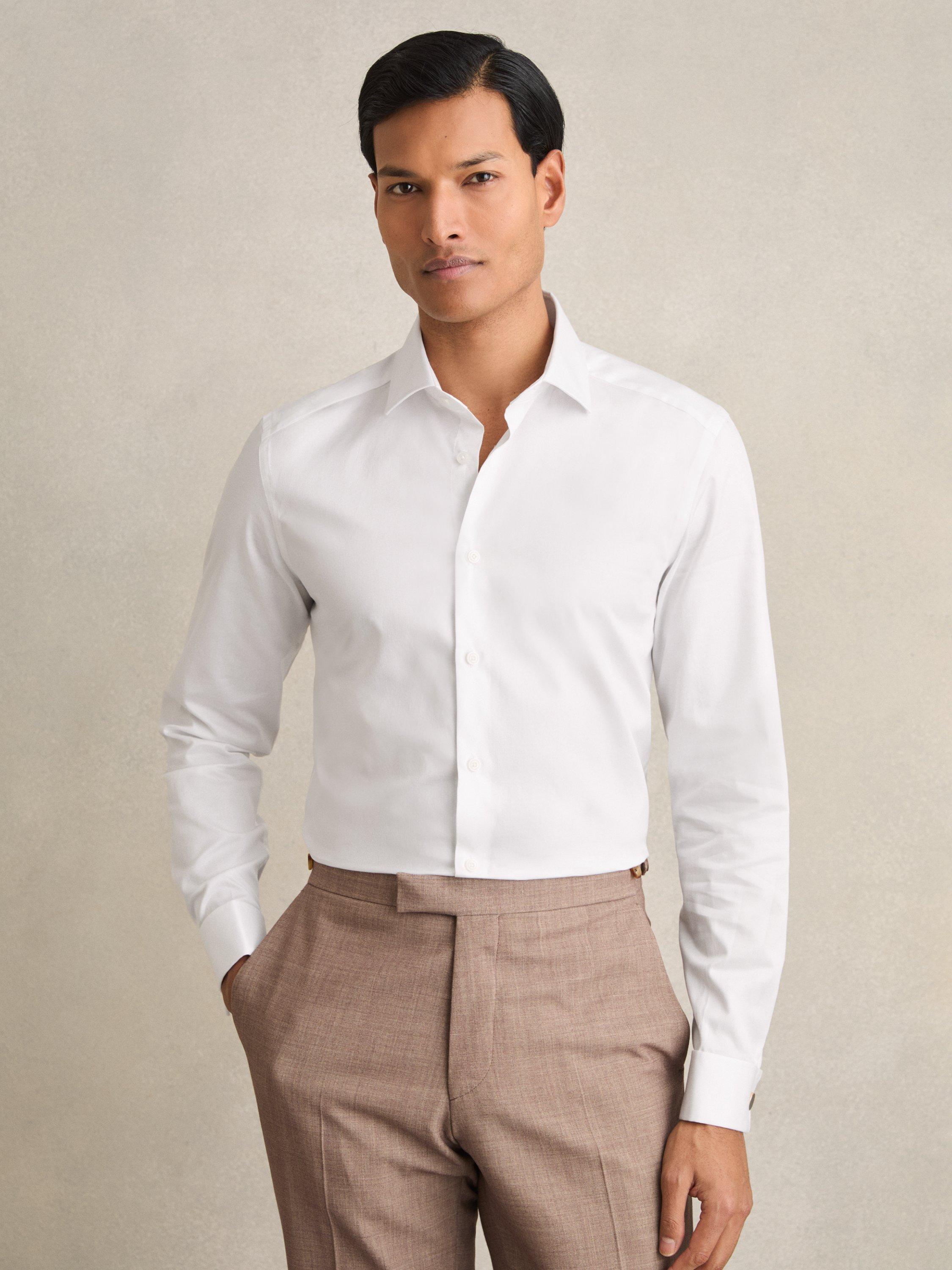 Product image 1 of 5, which shows Reiss Remote Slim Fit Double Cuff Cotton Shirt, White, XS
