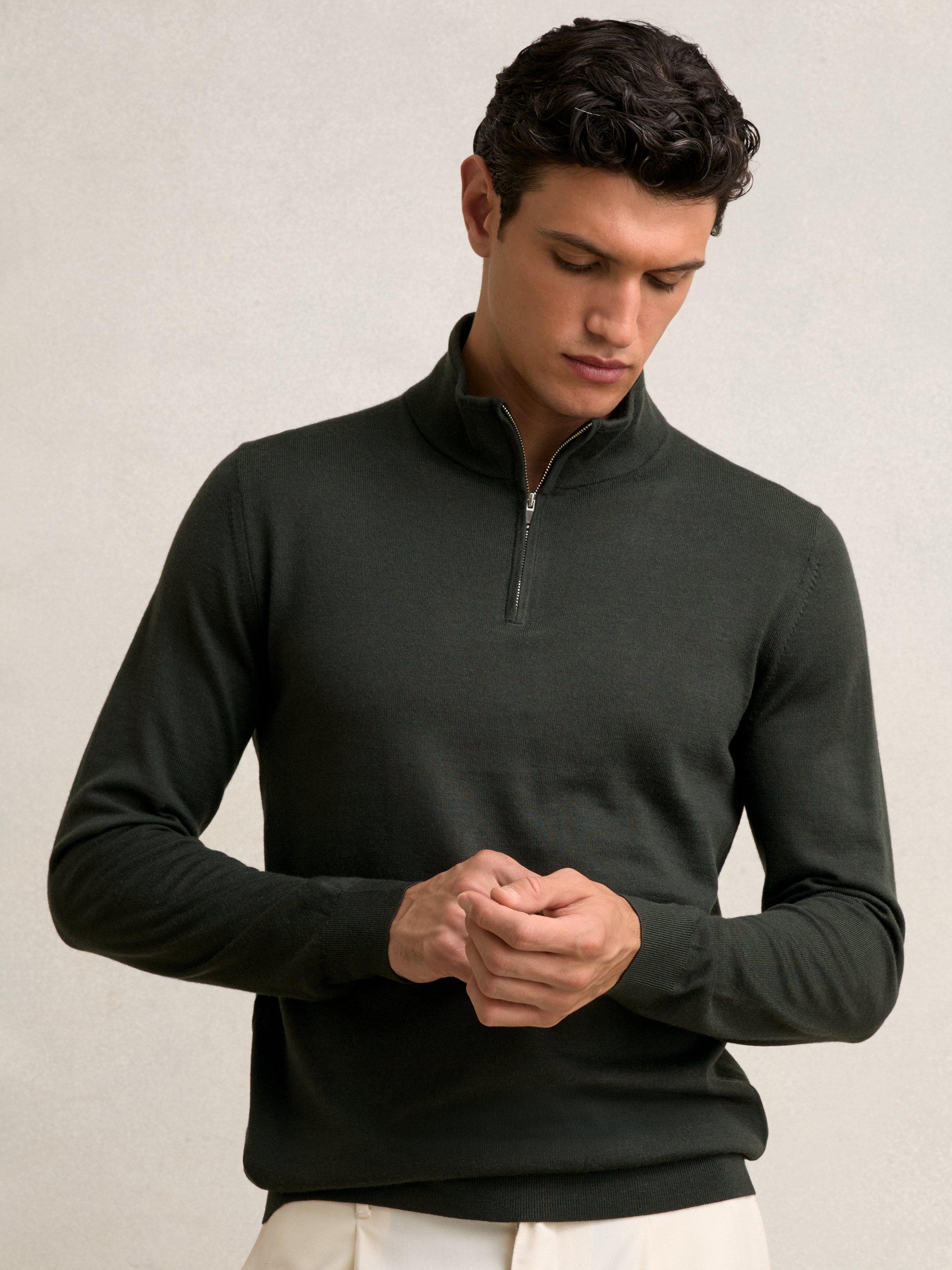 Reiss Blackhall Merino Wool Half Zip Jumper, Dark Military Green