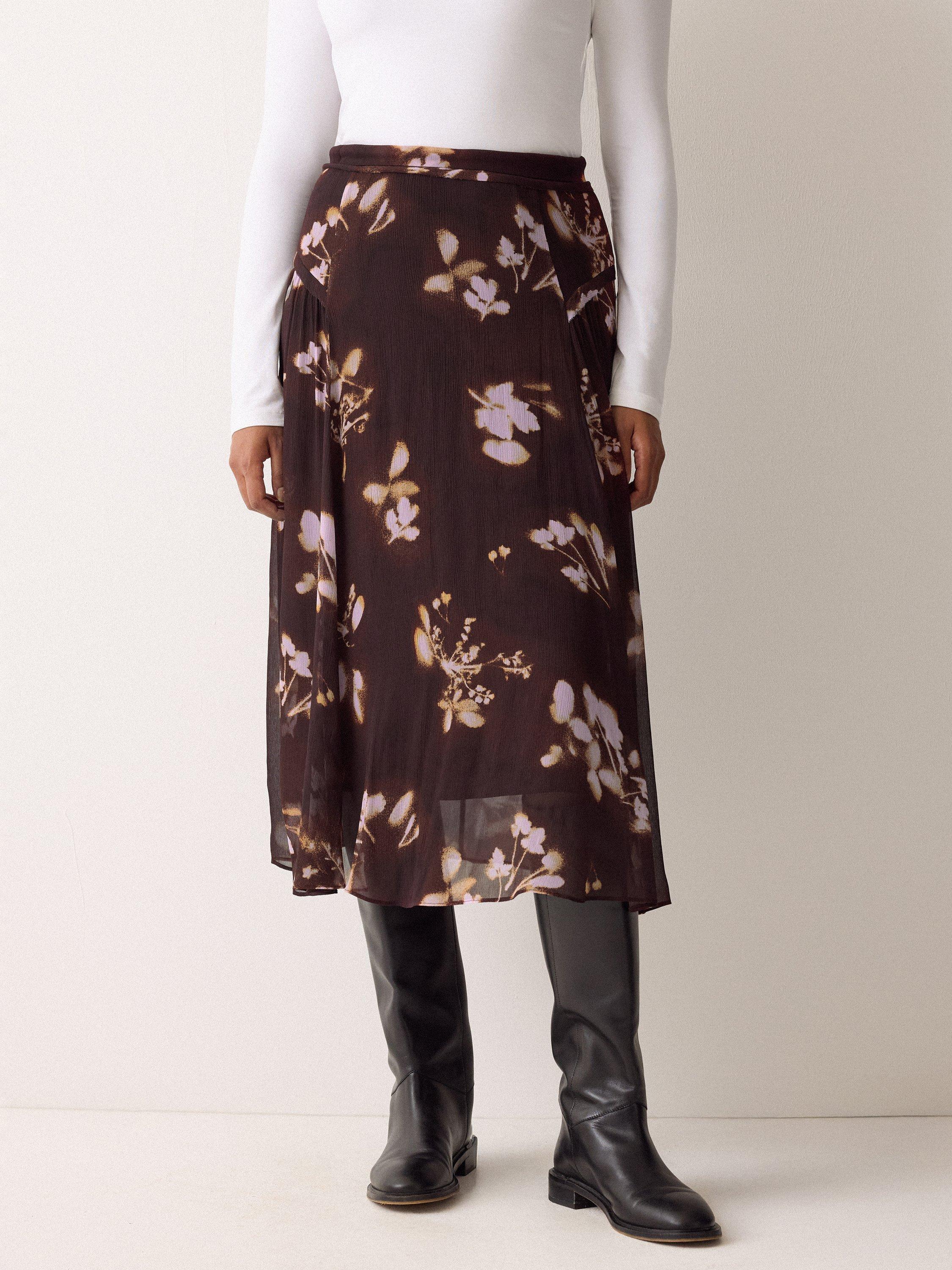 Product image 1 of 4, which shows Jigsaw Spray Floral Midi Skirt, Purple/Multi, 6
