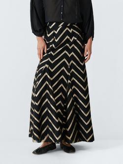 AND/OR Gold Metallic Chevron Detail Maxi Skirt, Black, Black