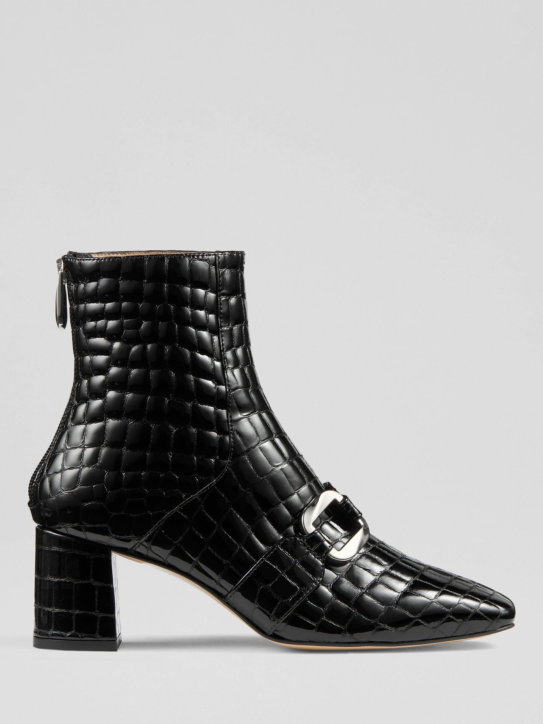 Product image 1 of 3, which shows L.K.Bennett Nadima Patent Croc Leather Ankle Boots, Black, 7