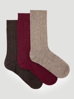 HUSH Murica Ribbed Cashmere Blend Ankle Socks, Pack of 3, Wine Red/Brown