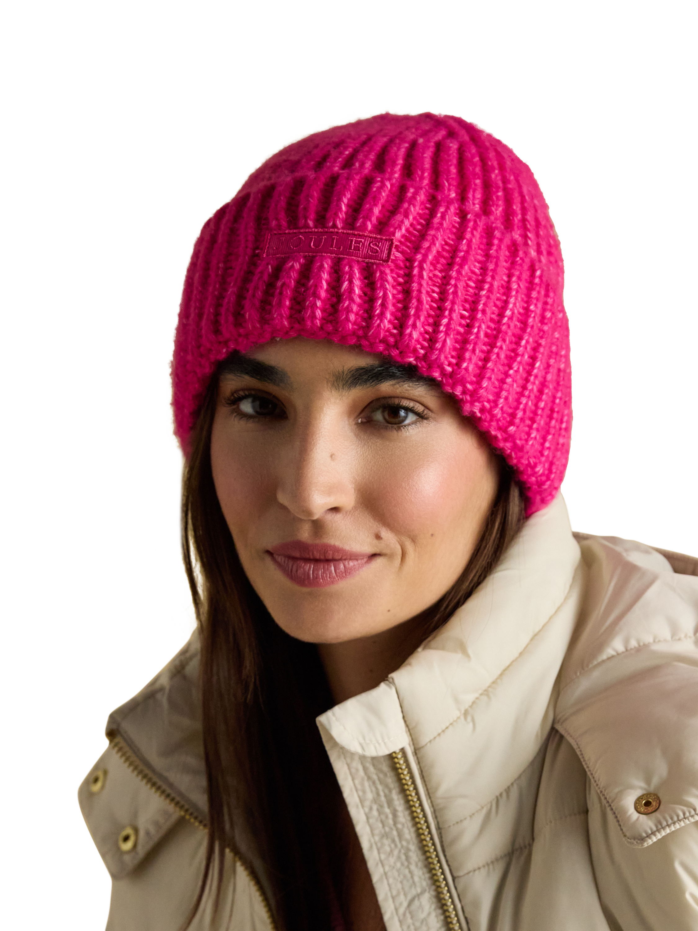 Product image 2 of 6, which shows Joules Rib Knit Beanie Hat, Pink