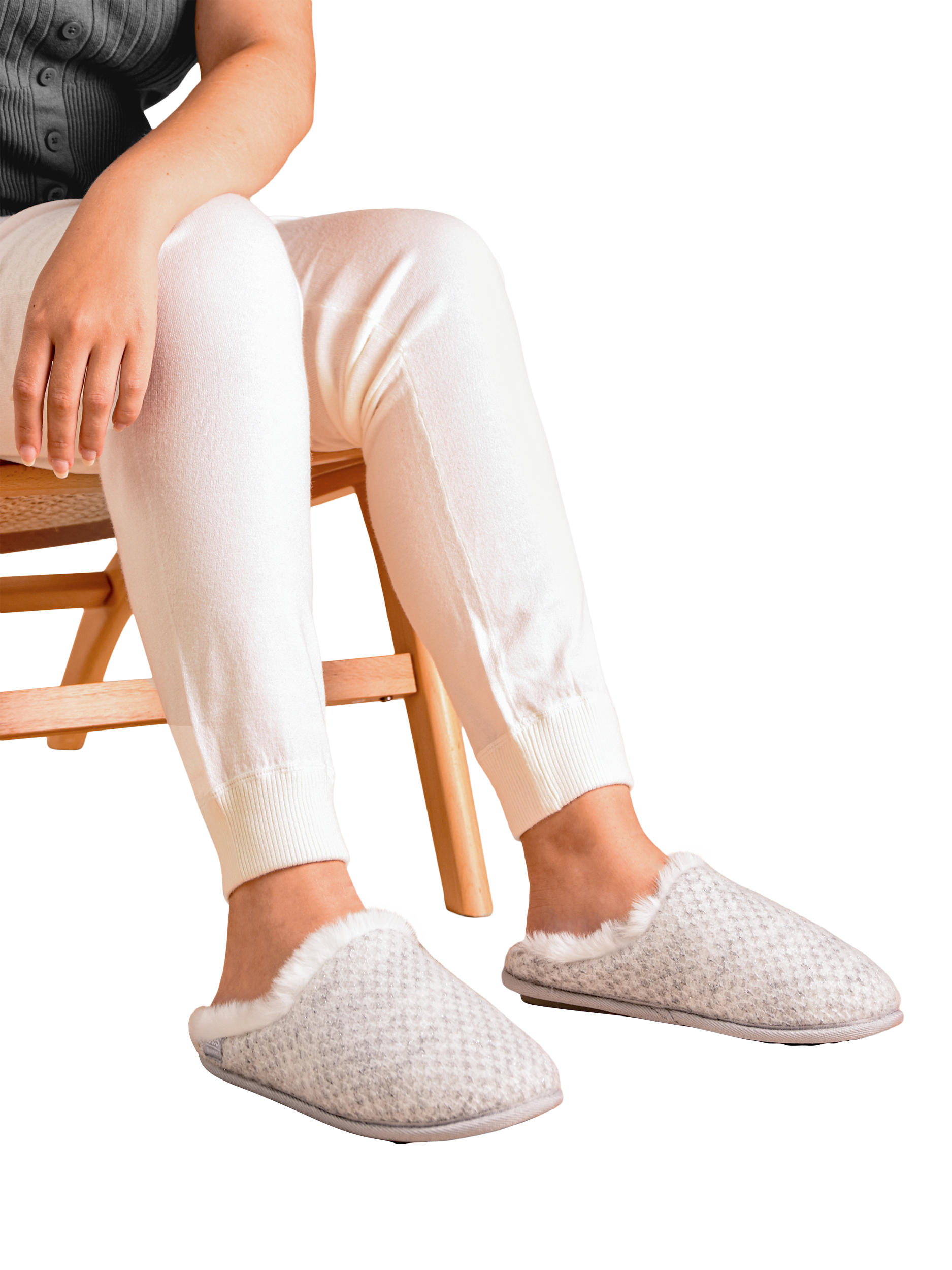 Product image 2 of 6, which shows totes Isotoner Women's Sparkle Knit Swept Back Mule Slippers, Light Grey, 4