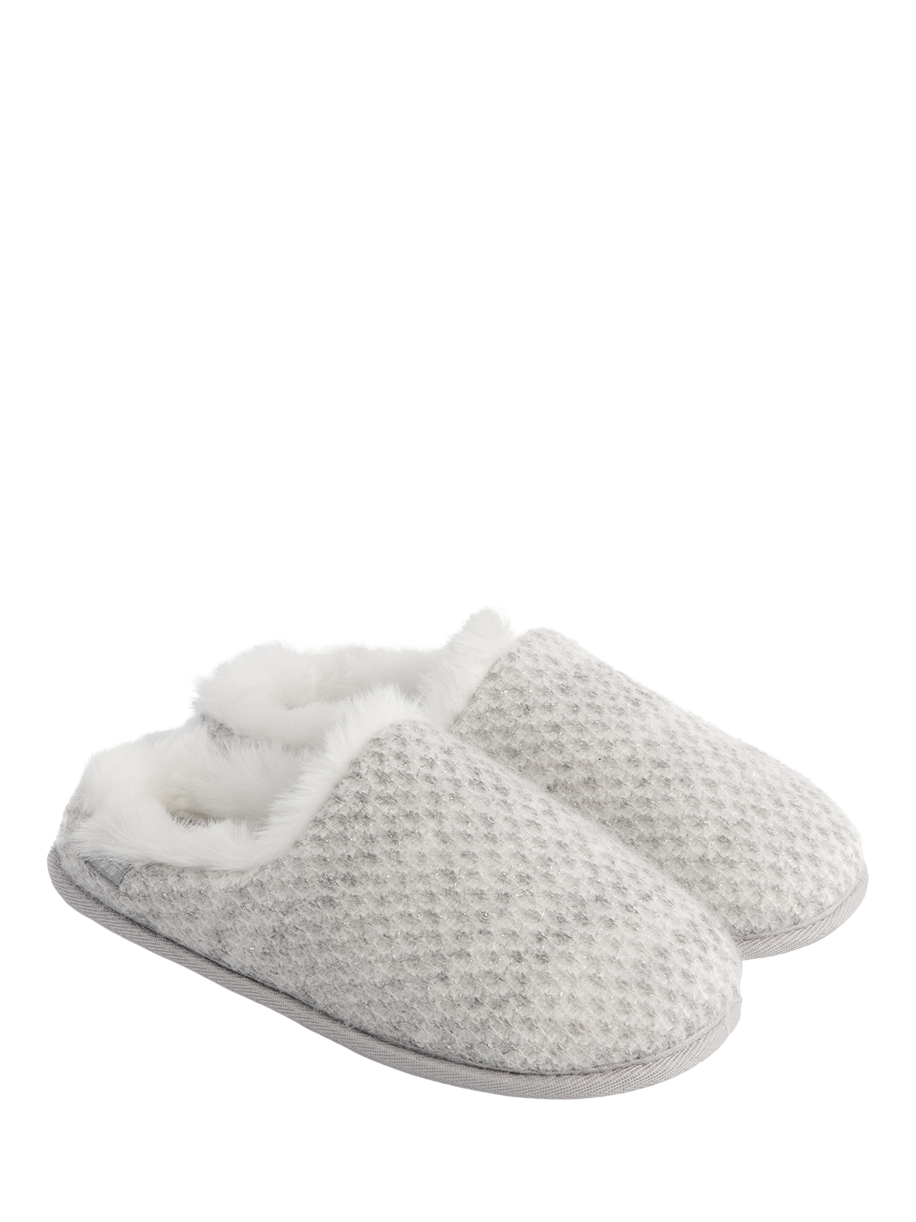 Product image 3 of 6, which shows totes Isotoner Women's Sparkle Knit Swept Back Mule Slippers, Light Grey, 4
