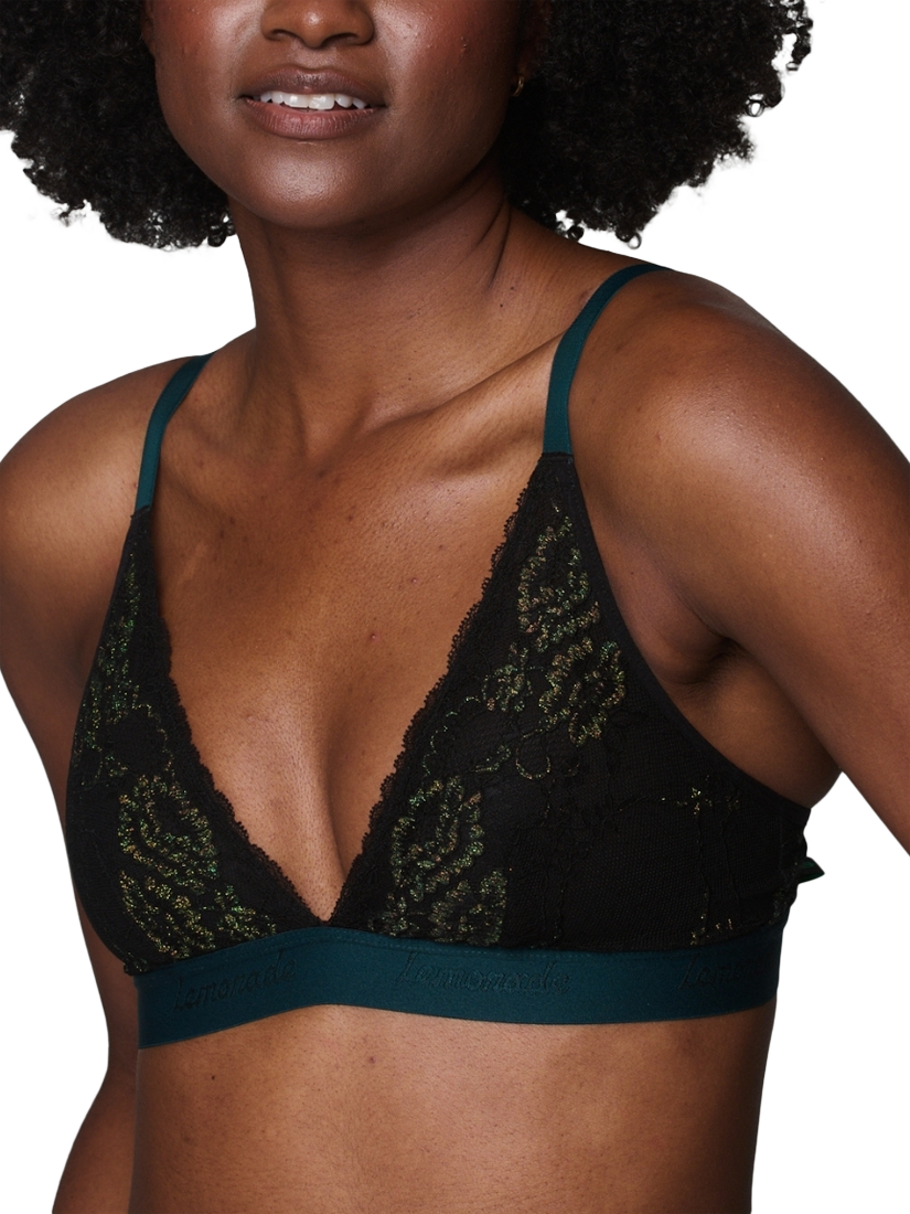 Product image 1 of 4, which shows Lemonade Dolls Wicked Elphaba Shimmer Lace Bralette, Forest Green, 28A/B
