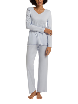Hanro Silk Rich Trim Long Pyjama Set, Powder Blue
