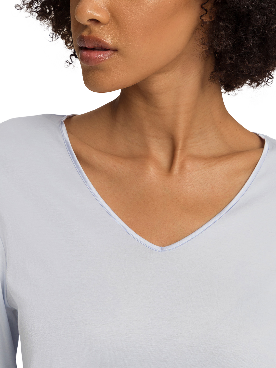 Product image 3 of 6, which shows Hanro Silk Rich Trim Long Pyjama Set, Powder Blue, XS