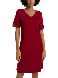 Hanro Moments Lace Trim V-Neck Nightdress, Red Dahlia, Red Dahlia