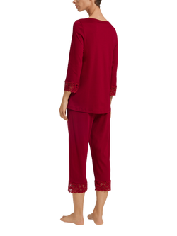 Hanro Moments Lace Trim Cropped Pyjama Set, Red Dahlia - view 2, Red Dahlia