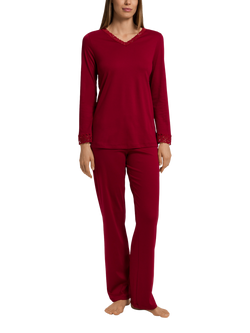 Hanro Moments Lace Trim Long Pyjama Set, Red Dahlia, Red Dahlia
