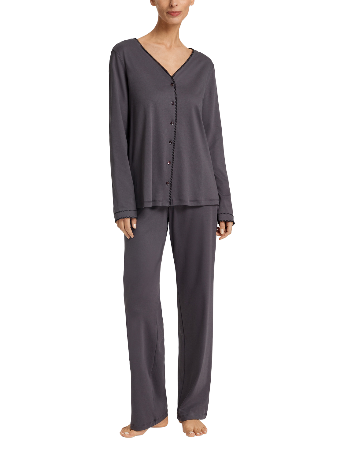 Product image 1 of 5, which shows Hanro Una Stitch Trim Long Pyjama Set, 2183 Black Pearl, XS