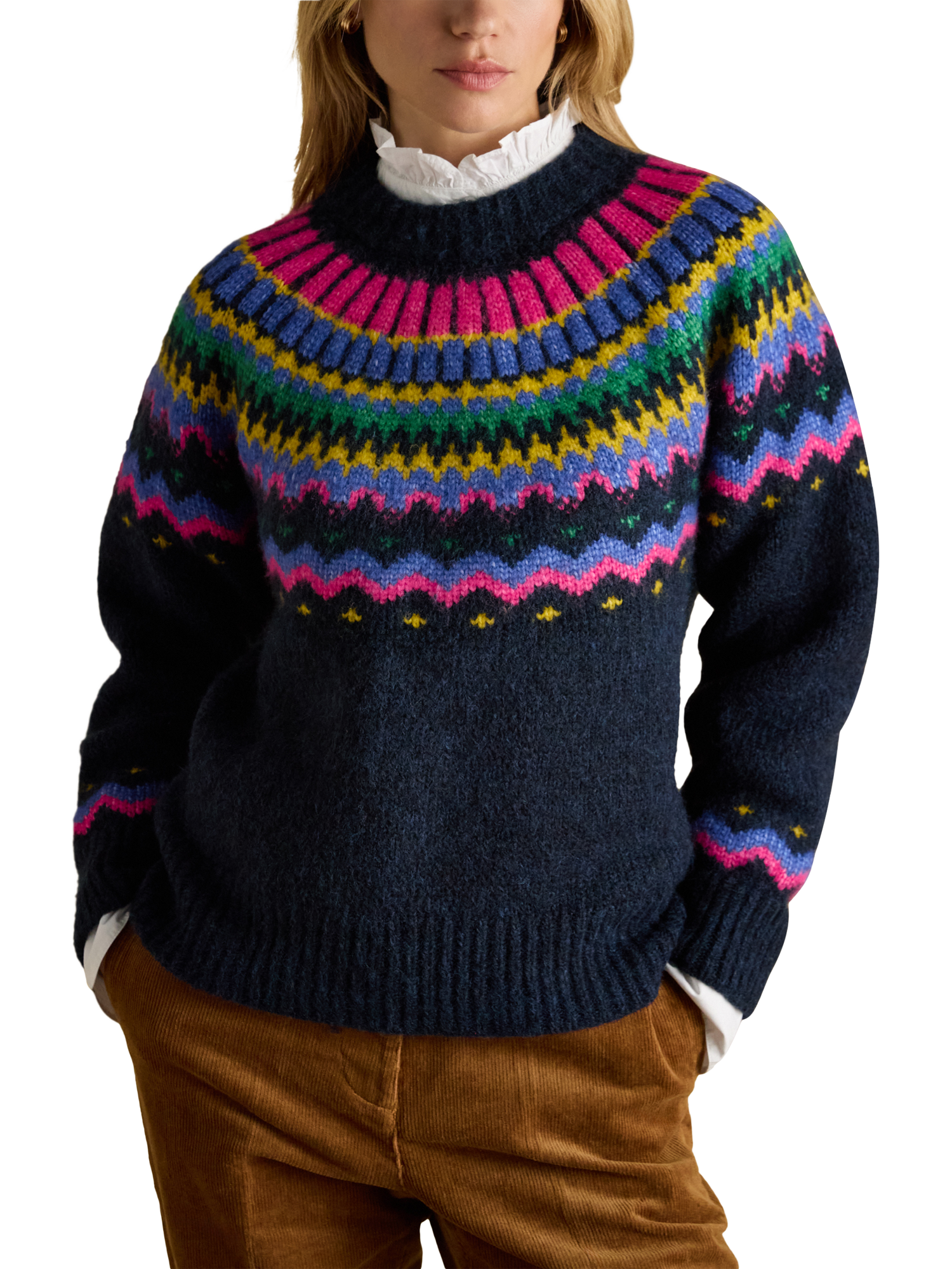 Product image 1 of 8, which shows Joules Crew Neck Fair Isle Jumper, Navy, XS
