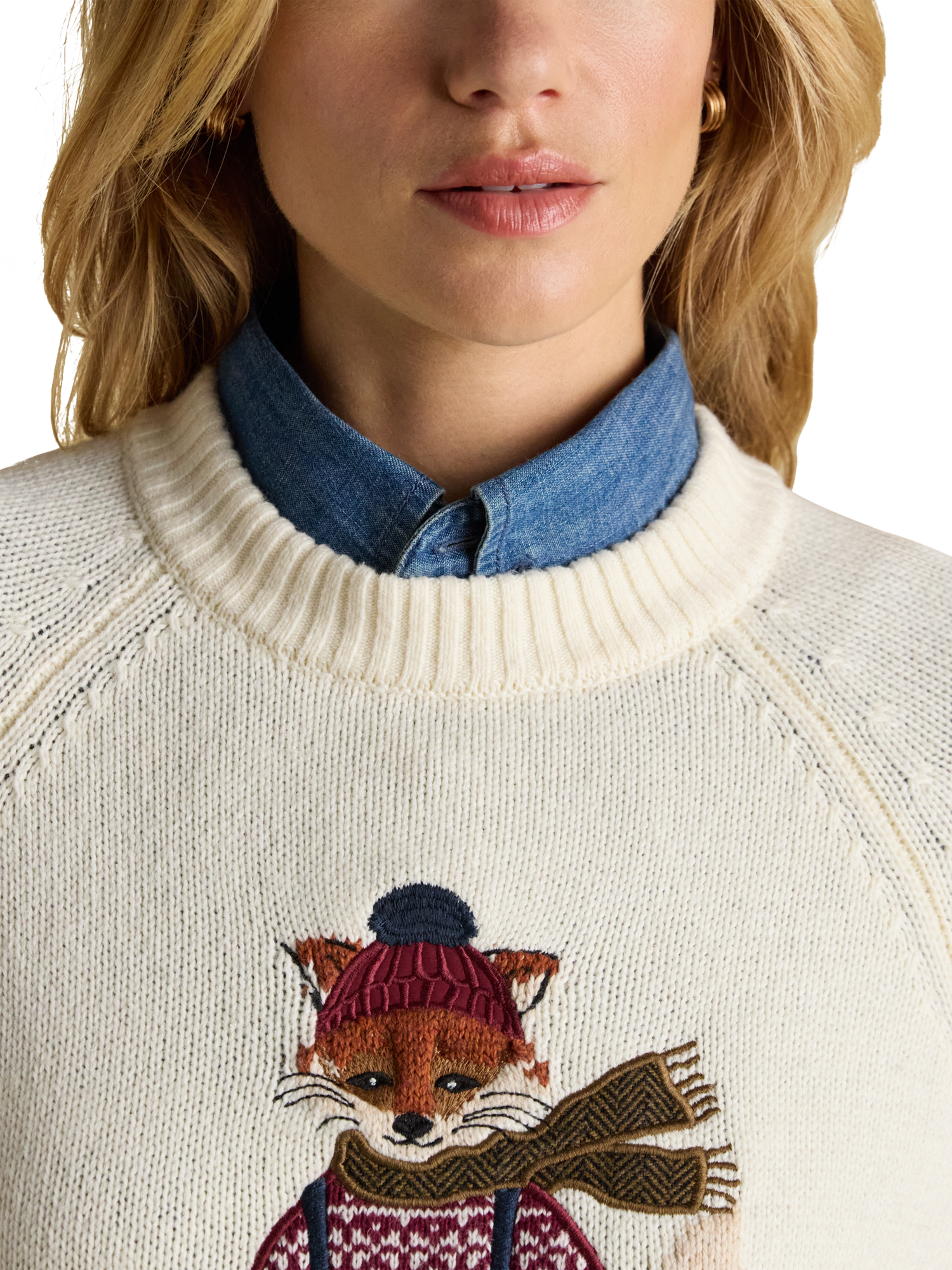Product image 6 of 8, which shows Joules Jonty Fox Intarsia Jumper, Cream, XS