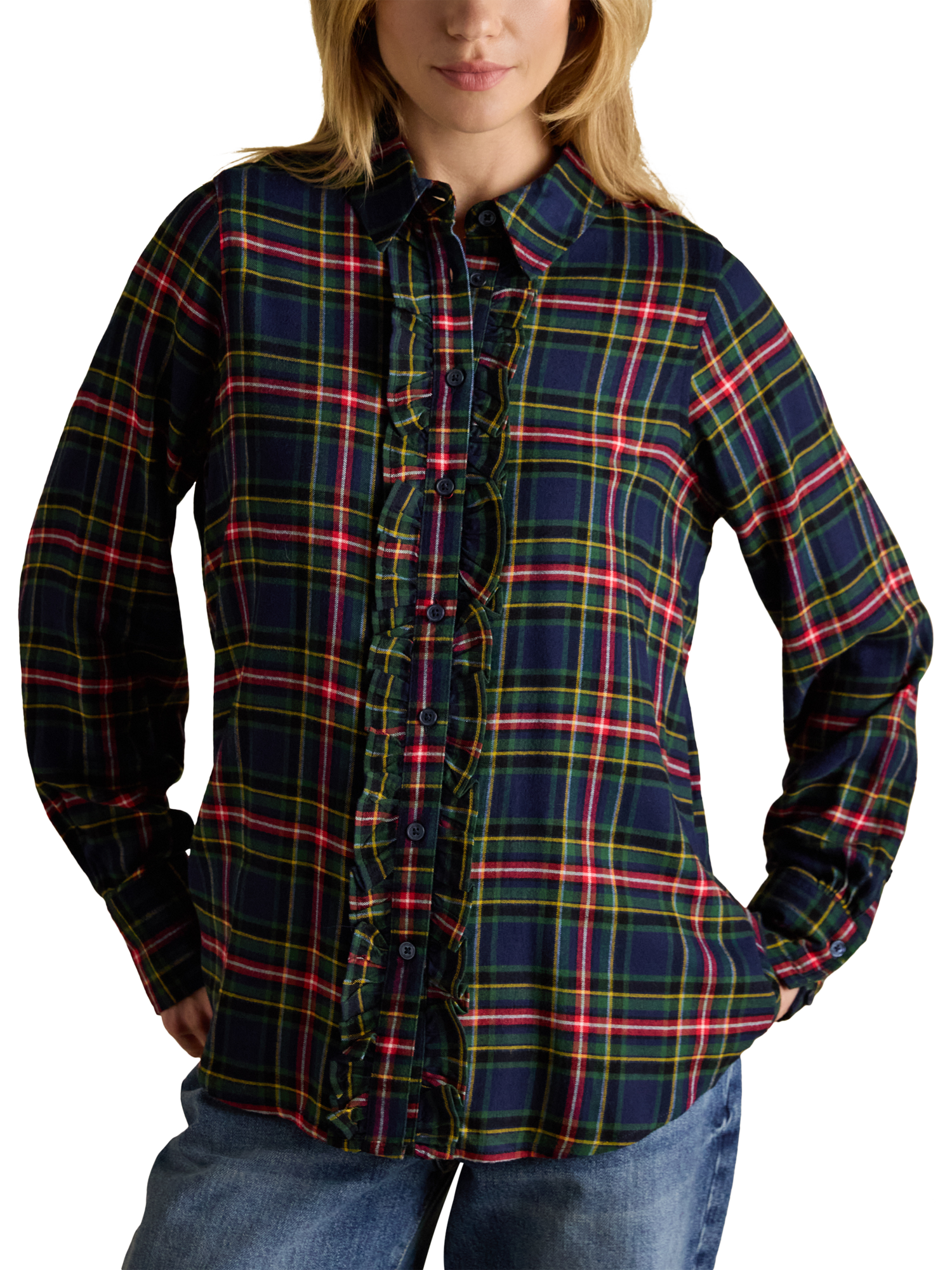 Product image 1 of 7, which shows Joules Selene Brushed Ruffle Plaid Shirt, Navy, 6