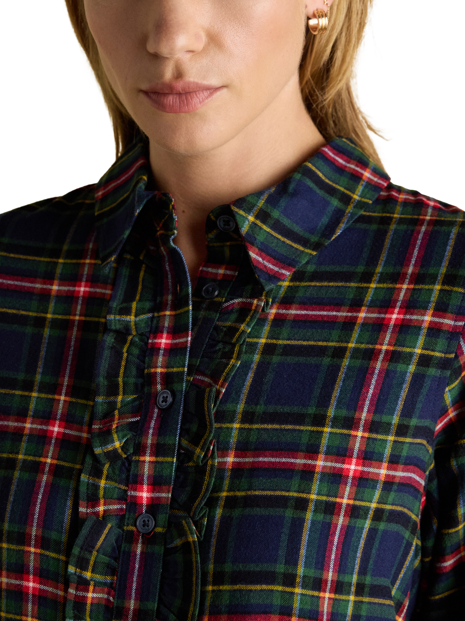 Product image 4 of 7, which shows Joules Selene Brushed Ruffle Plaid Shirt, Navy, 6