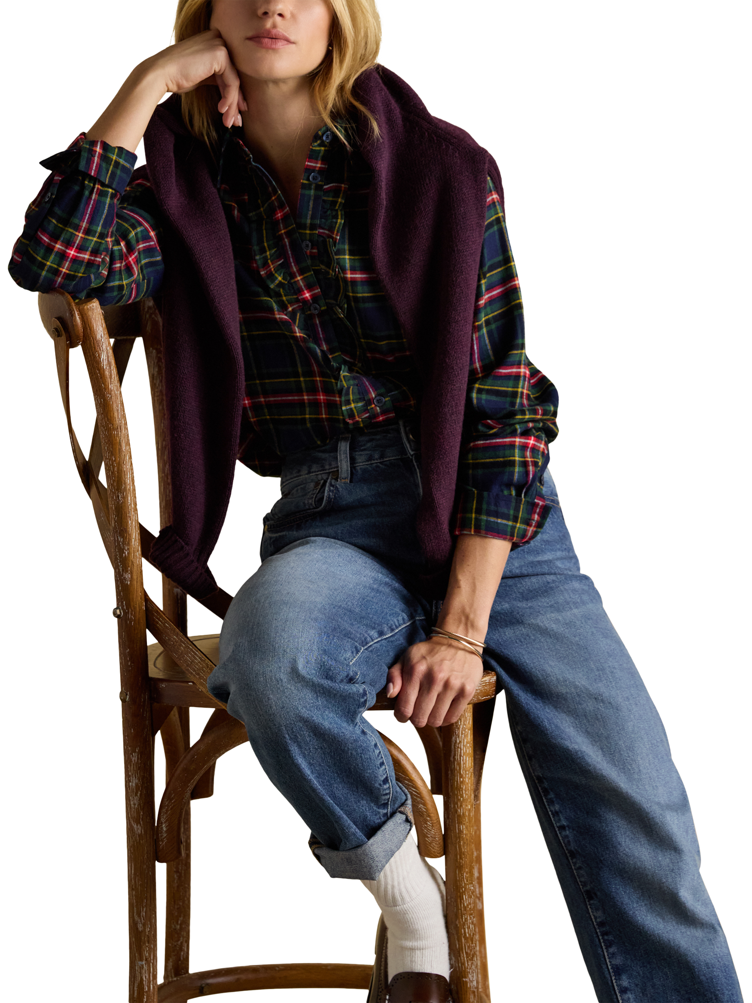 Product image 5 of 7, which shows Joules Selene Brushed Ruffle Plaid Shirt, Navy, 6