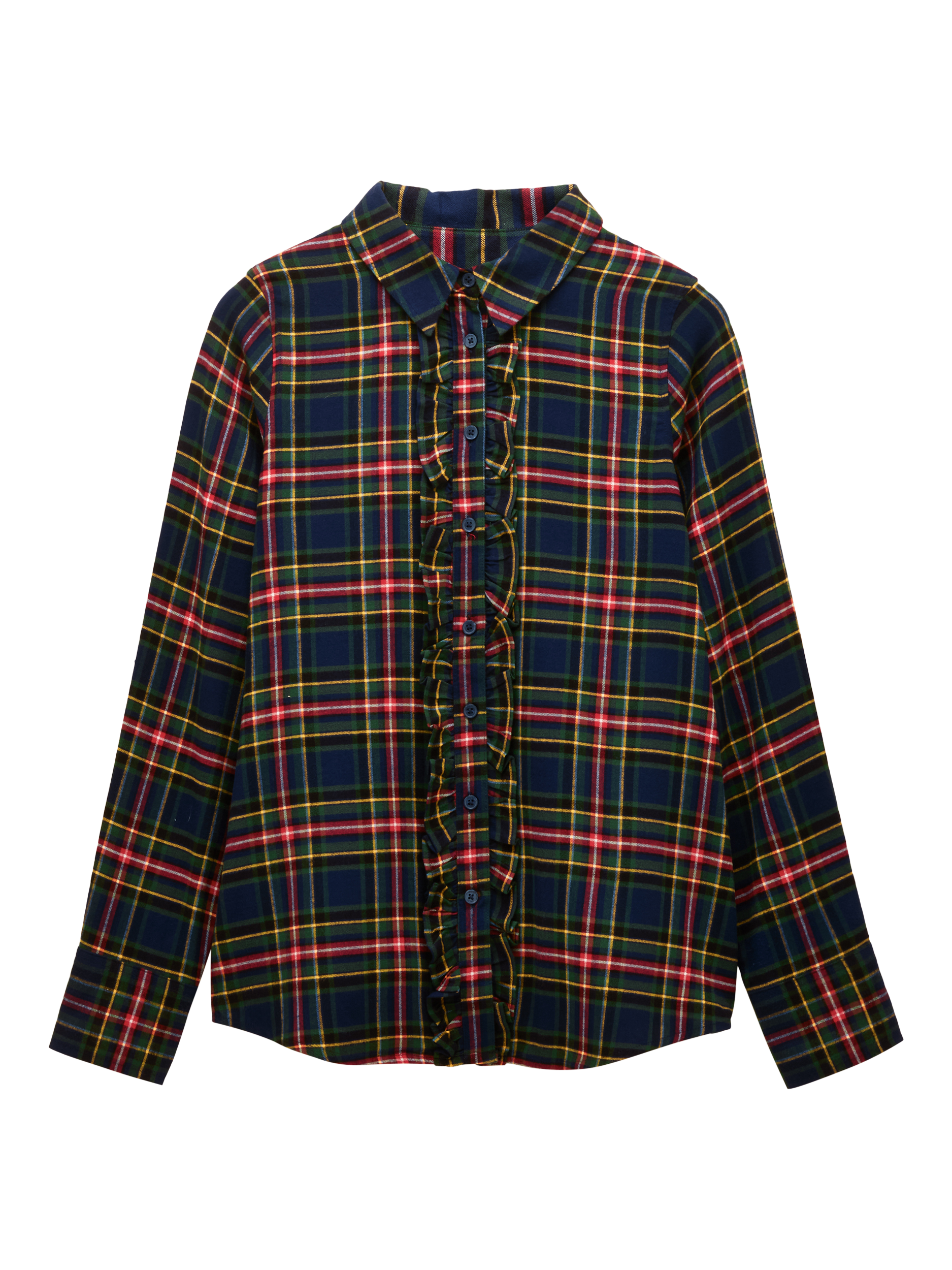 Product image 7 of 7, which shows Joules Selene Brushed Ruffle Plaid Shirt, Navy, 6