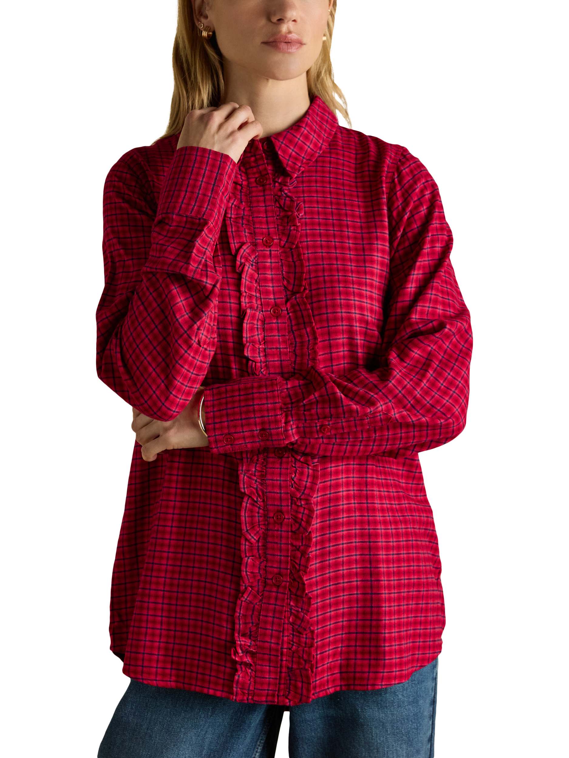 Product image 1 of 8, which shows Joules Selene Brushed Ruffle Plaid Shirt, Red, 6