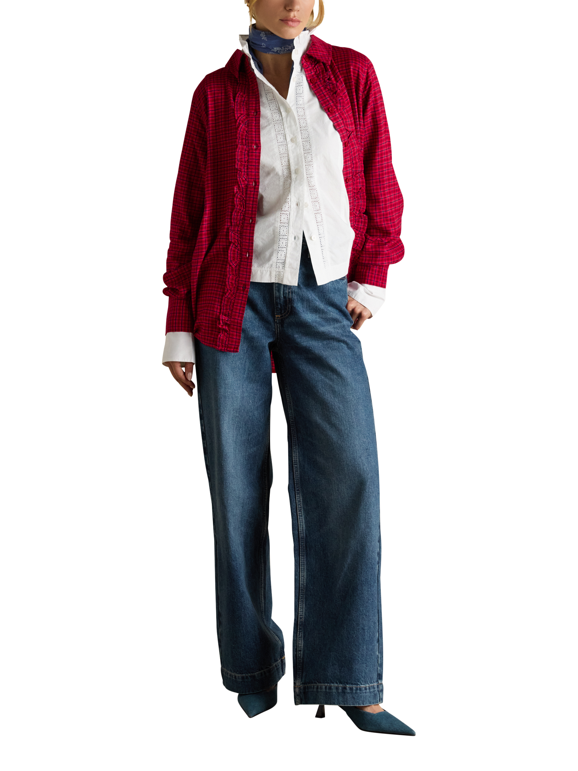 Product image 4 of 8, which shows Joules Selene Brushed Ruffle Plaid Shirt, Red, 6