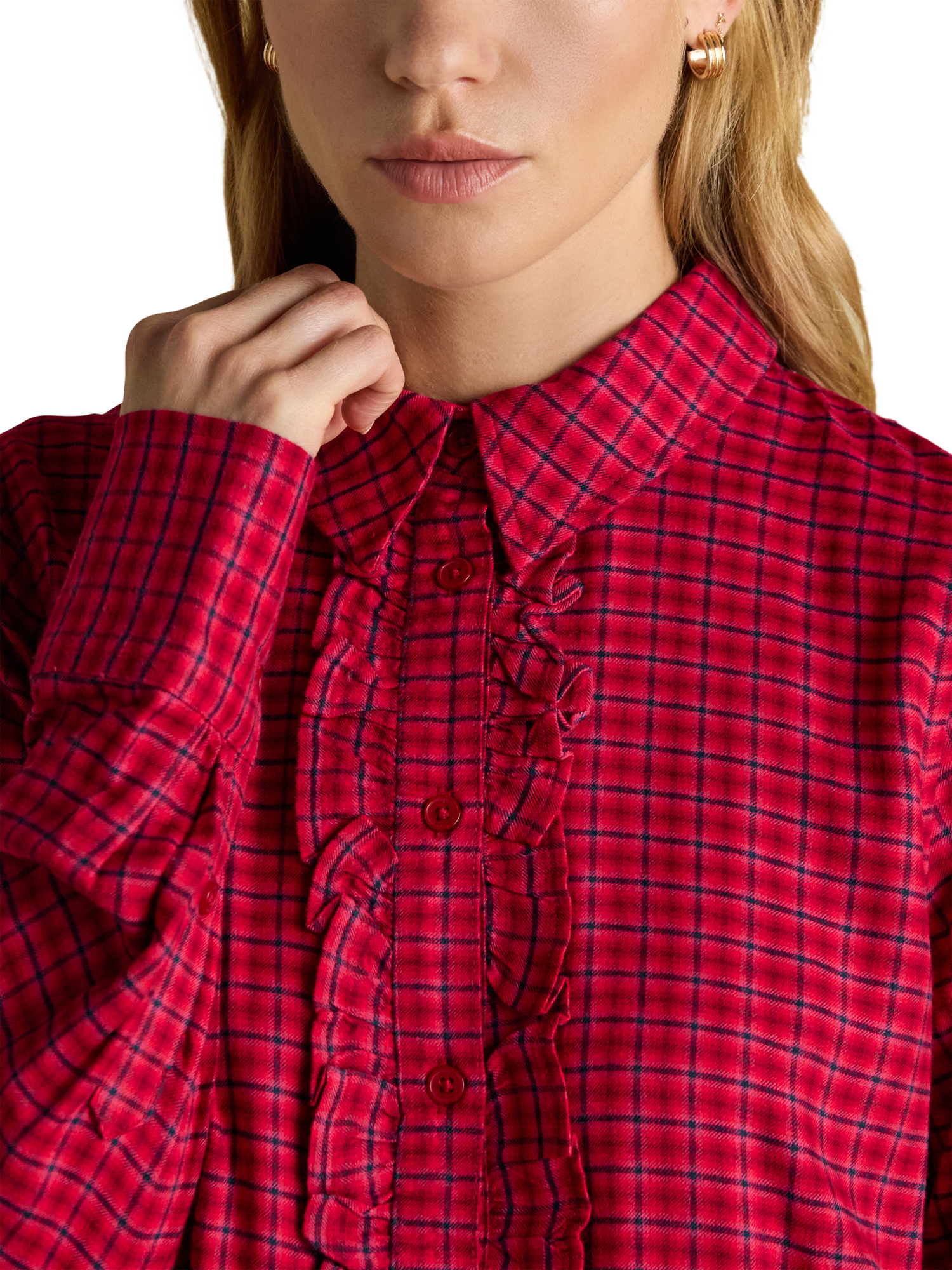 Product image 5 of 8, which shows Joules Selene Brushed Ruffle Plaid Shirt, Red, 6