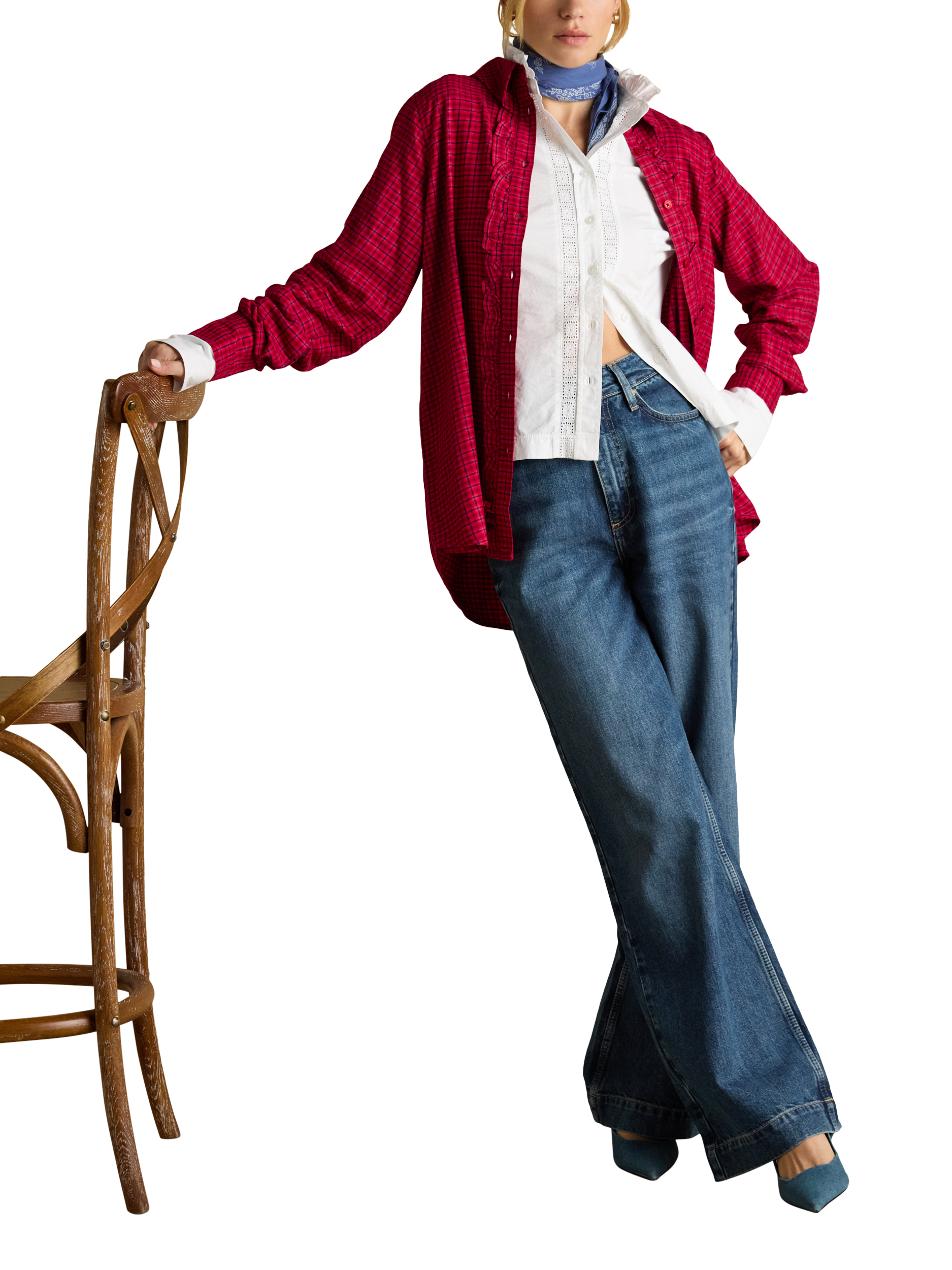 Product image 6 of 8, which shows Joules Selene Brushed Ruffle Plaid Shirt, Red, 6