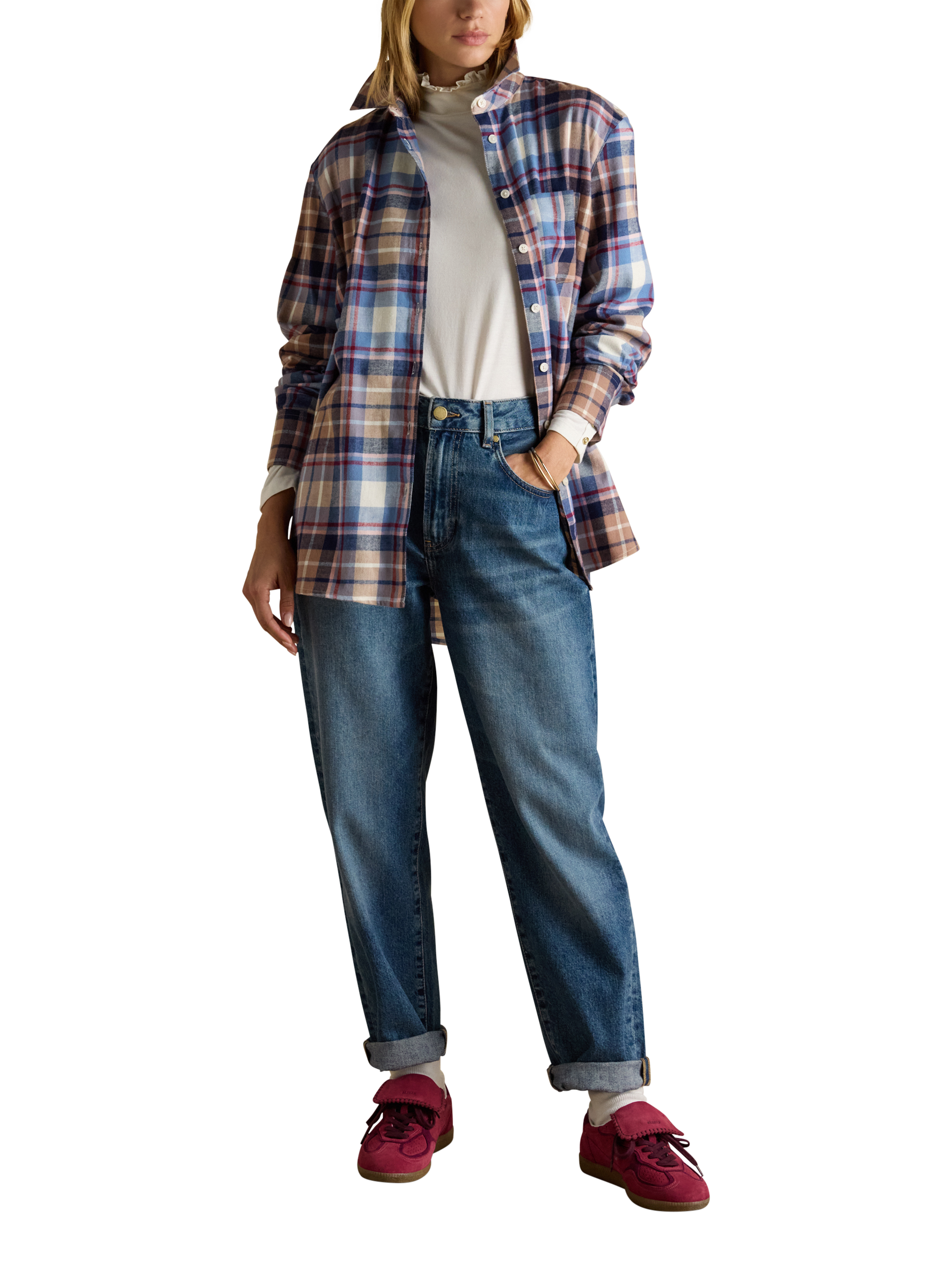 Product image 4 of 8, which shows Joules Plaid Check Brushed Cotton Shirt, Blue, 10