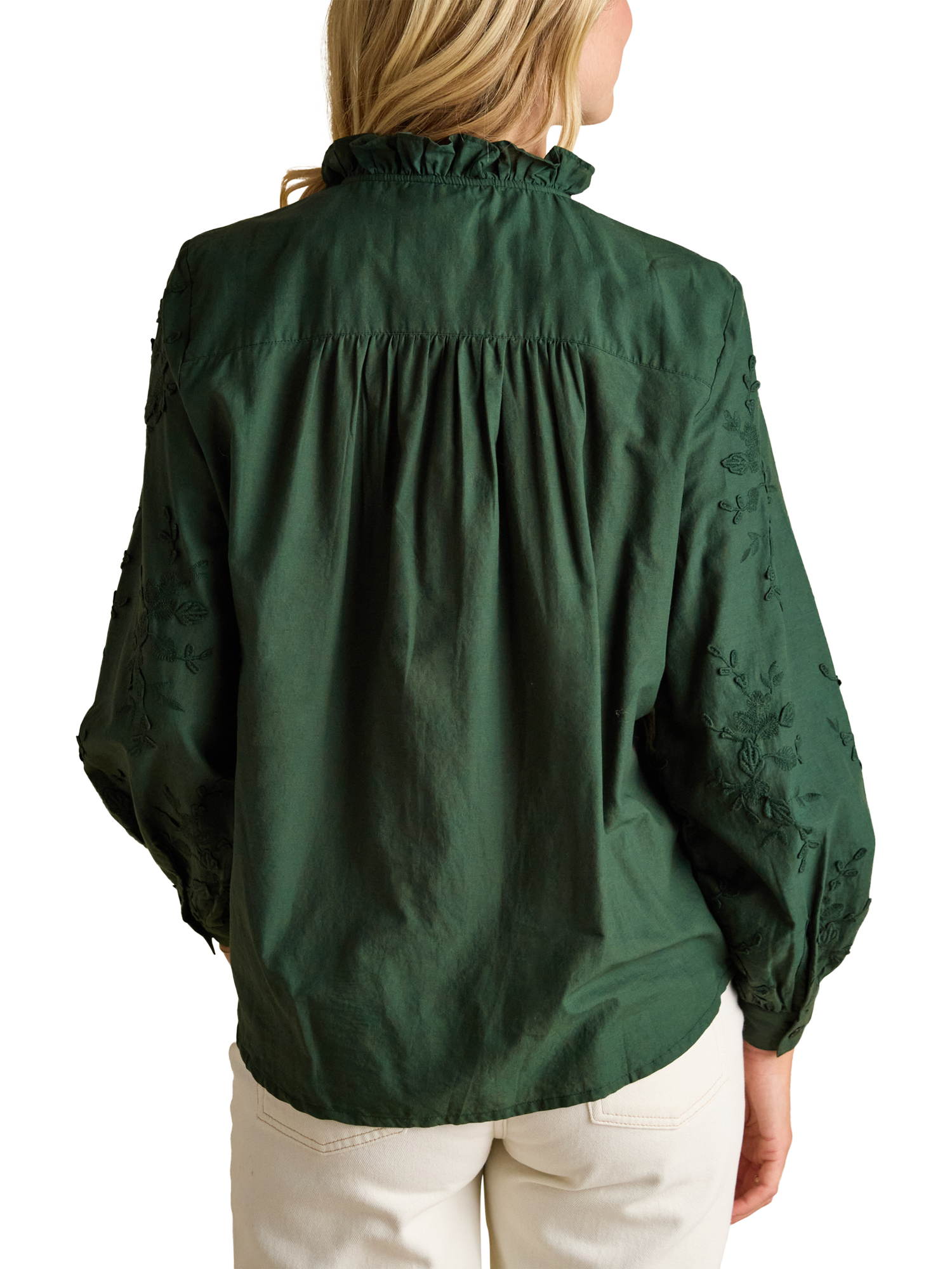 Product image 2 of 7, which shows Joules Embroidered Ruffle Neck Blouse, Green, 6