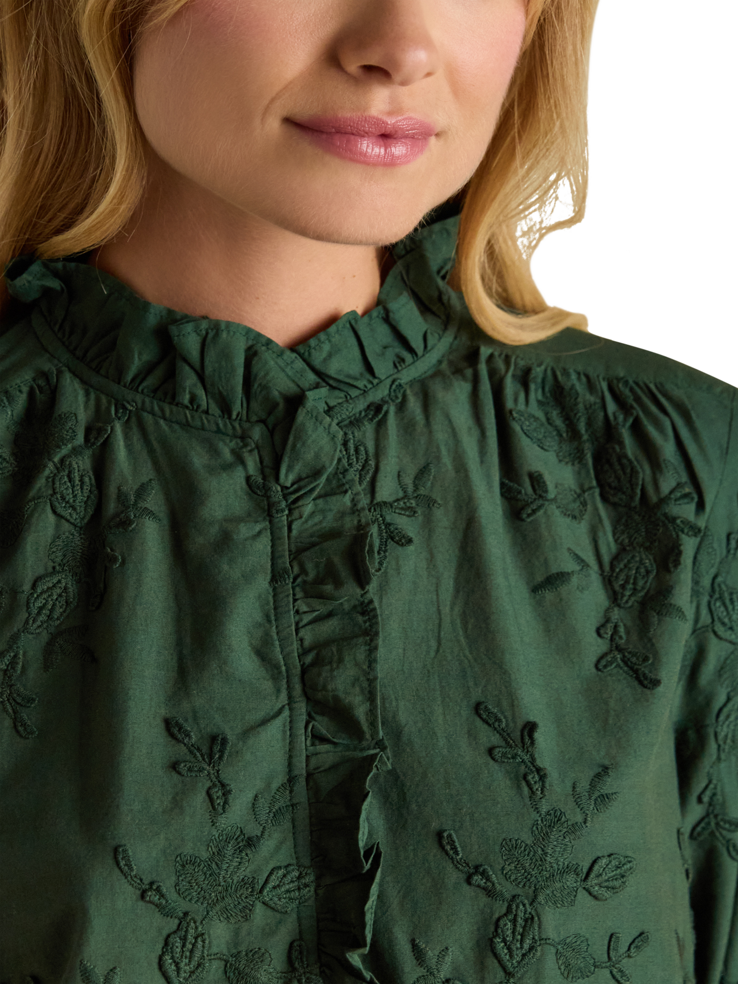 Product image 3 of 7, which shows Joules Embroidered Ruffle Neck Blouse, Green, 6