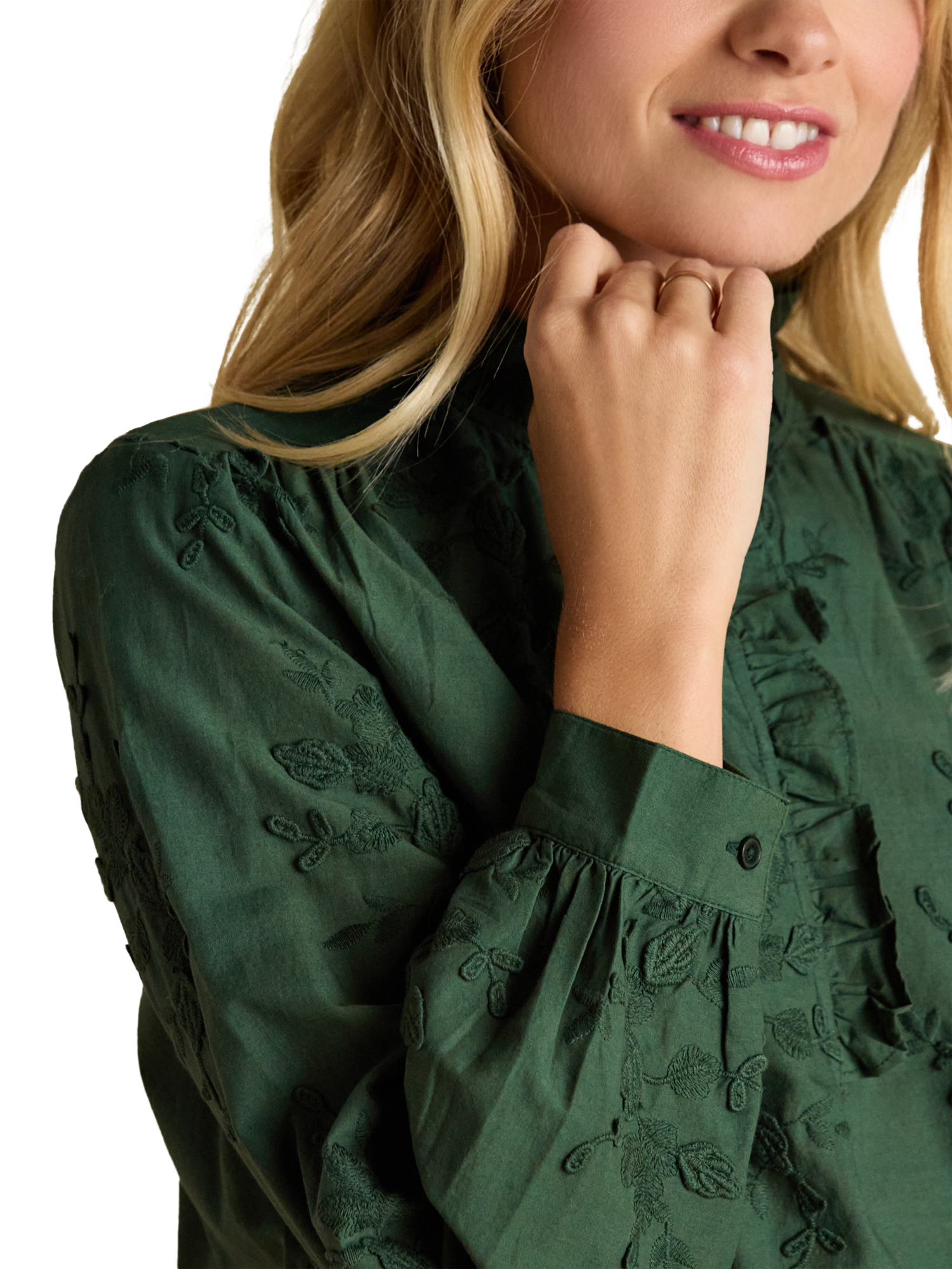 Product image 4 of 7, which shows Joules Embroidered Ruffle Neck Blouse, Green, 6