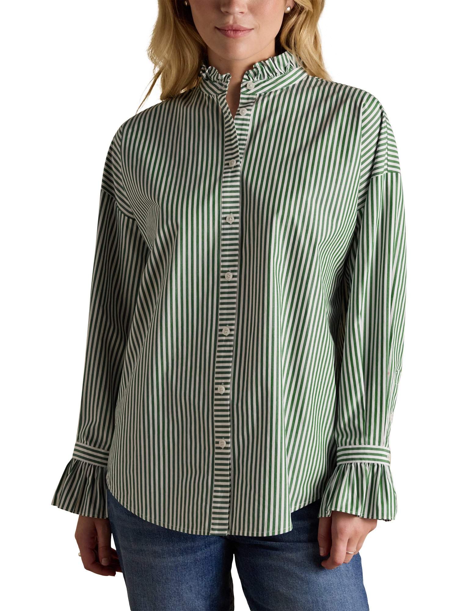 Product image 1 of 6, which shows Joules Stripe Frill Neck Shirt, Green, 10