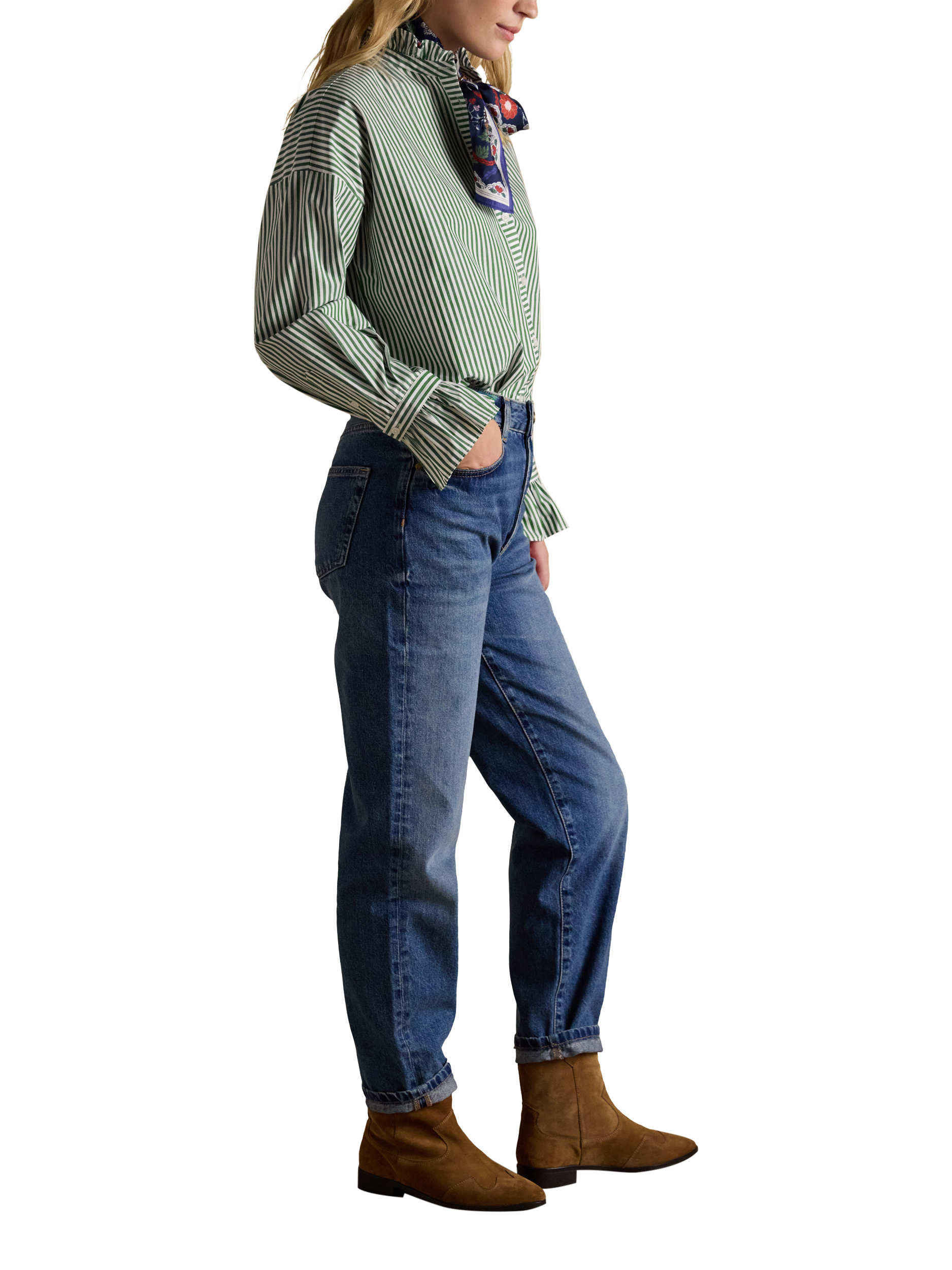 Product image 2 of 6, which shows Joules Stripe Frill Neck Shirt, Green, 10