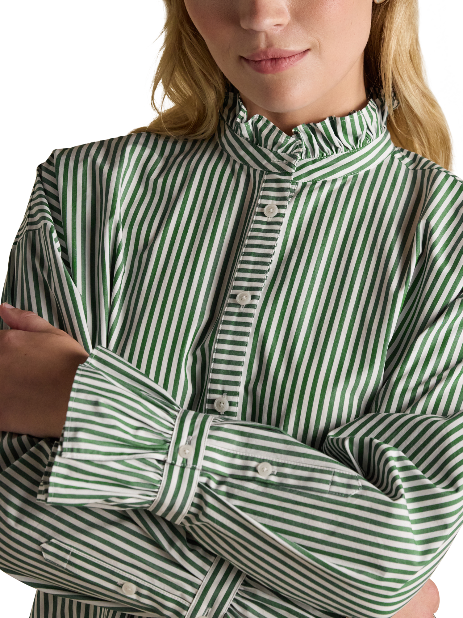 Product image 3 of 6, which shows Joules Stripe Frill Neck Shirt, Green, 10
