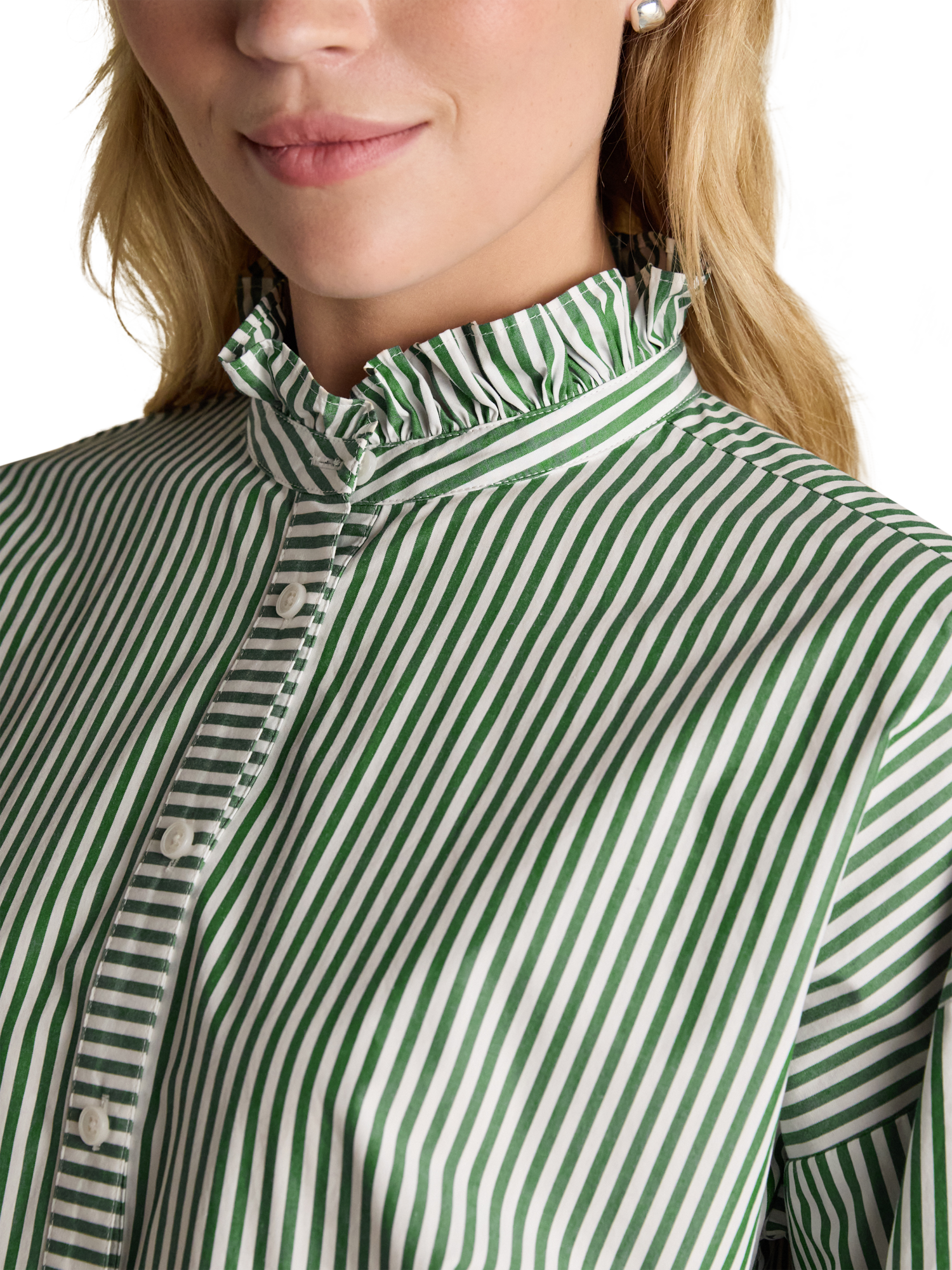 Product image 4 of 6, which shows Joules Stripe Frill Neck Shirt, Green, 10