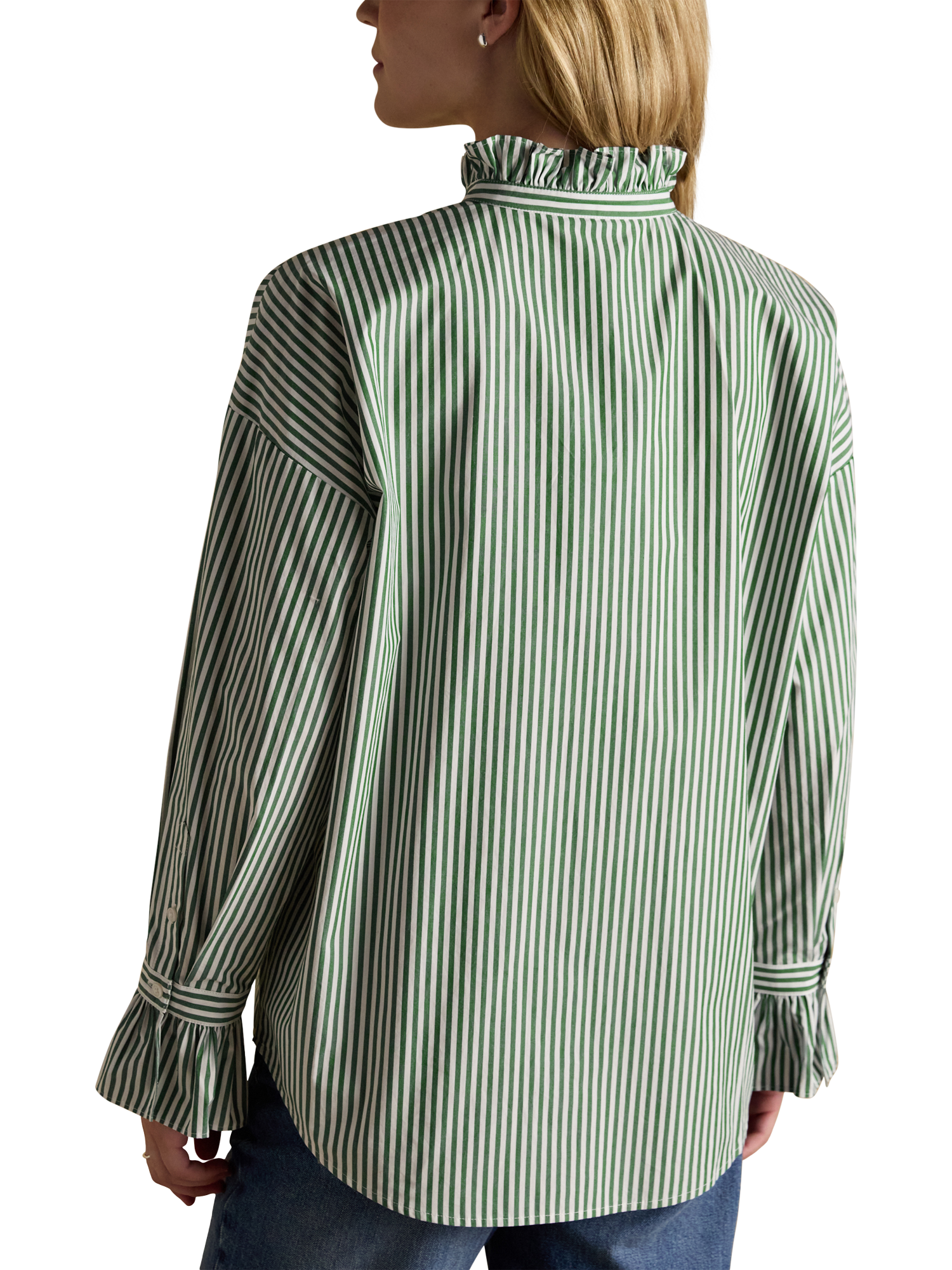 Product image 5 of 6, which shows Joules Stripe Frill Neck Shirt, Green, 10