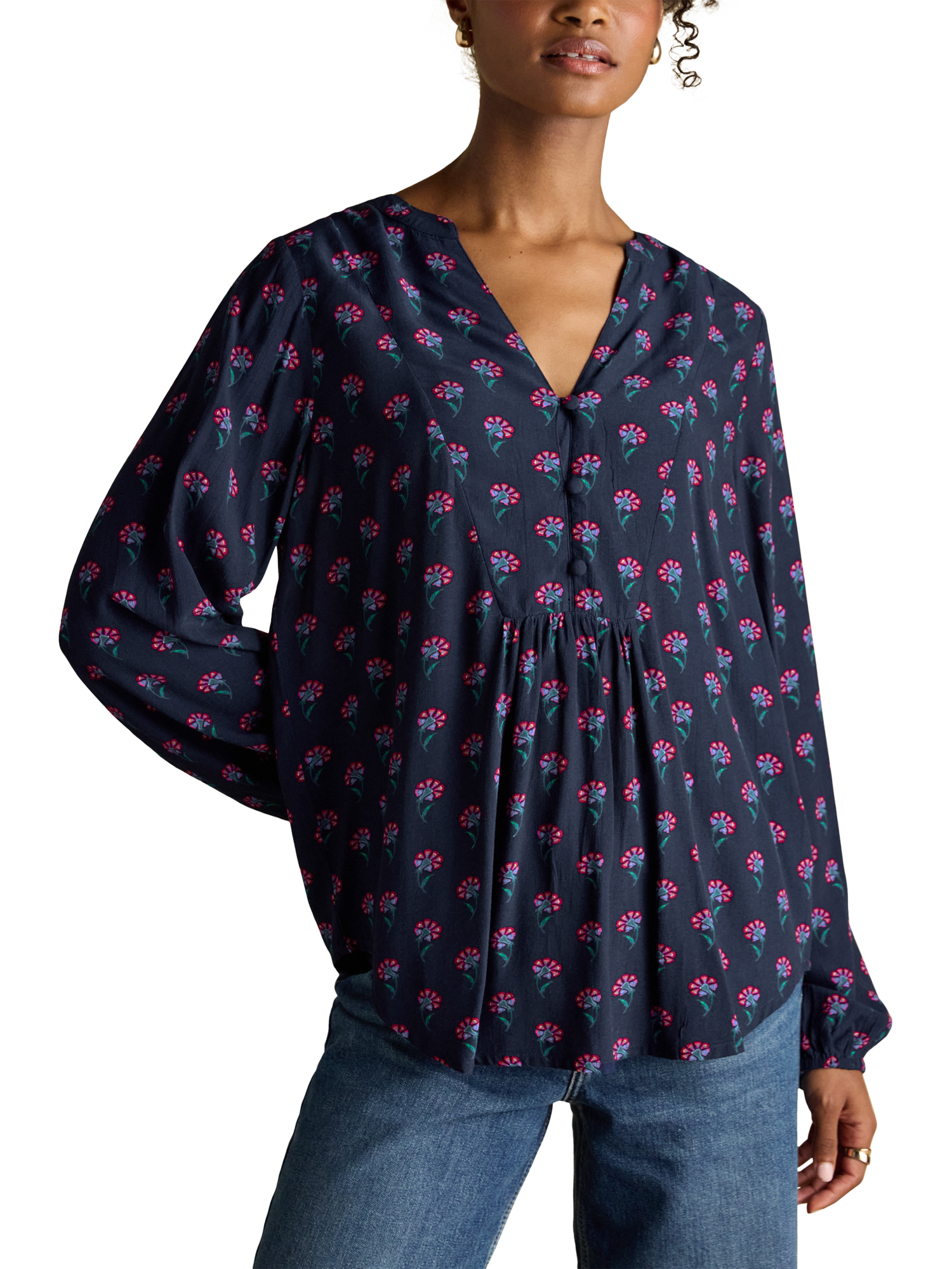Product image 1 of 8, which shows Joules Floral Popover Blouse, Navy, 6